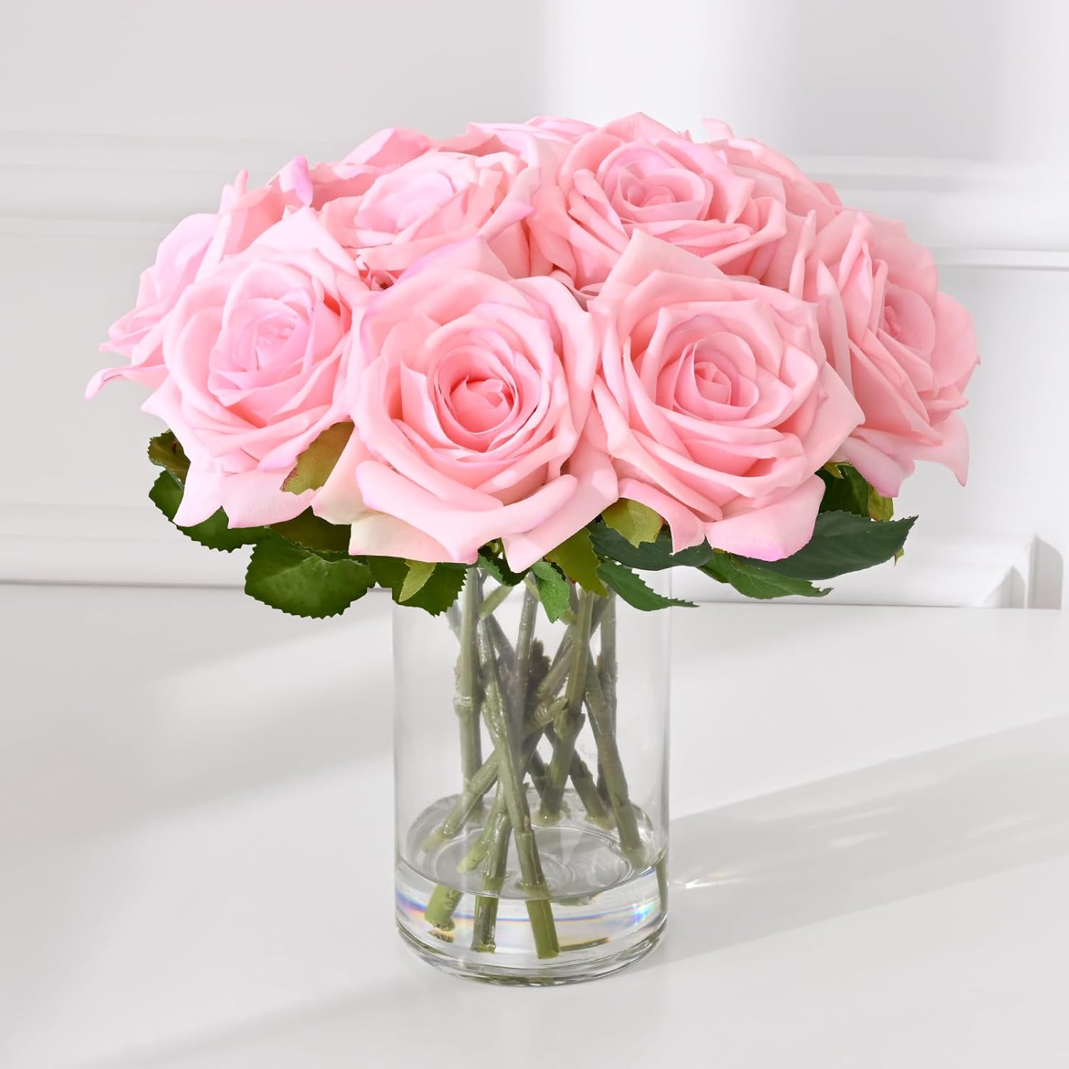 Bloomfinity:  Luxury PU Fake Flowers in Vase with Faux Water, White Real Touch Roses Artificial Flowers with Glass Vase for Office Home Dining Room Centerpiece Table Decorations