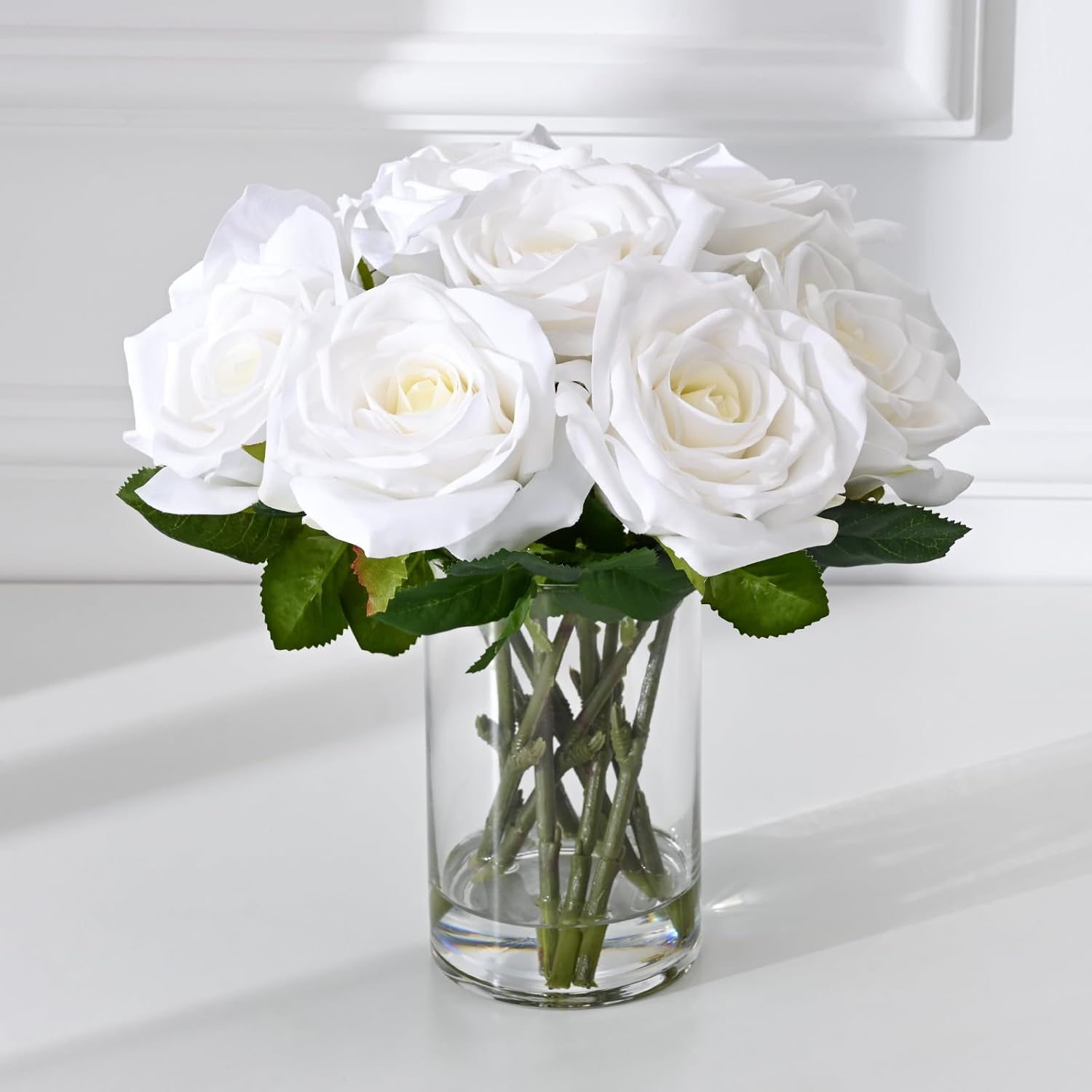 Bloomfinity:  Luxury PU Fake Flowers in Vase with Faux Water, White Real Touch Roses Artificial Flowers with Glass Vase for Office Home Dining Room Centerpiece Table Decorations