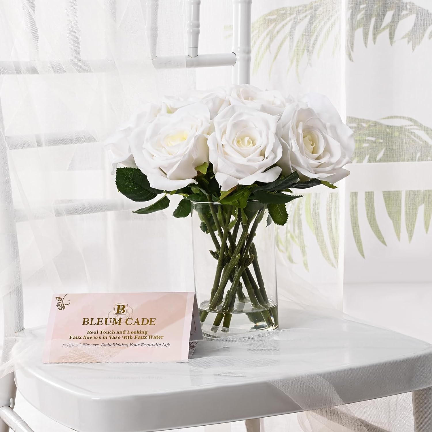 Bloomfinity:  Luxury PU Fake Flowers in Vase with Faux Water, White Real Touch Roses Artificial Flowers with Glass Vase for Office Home Dining Room Centerpiece Table Decorations