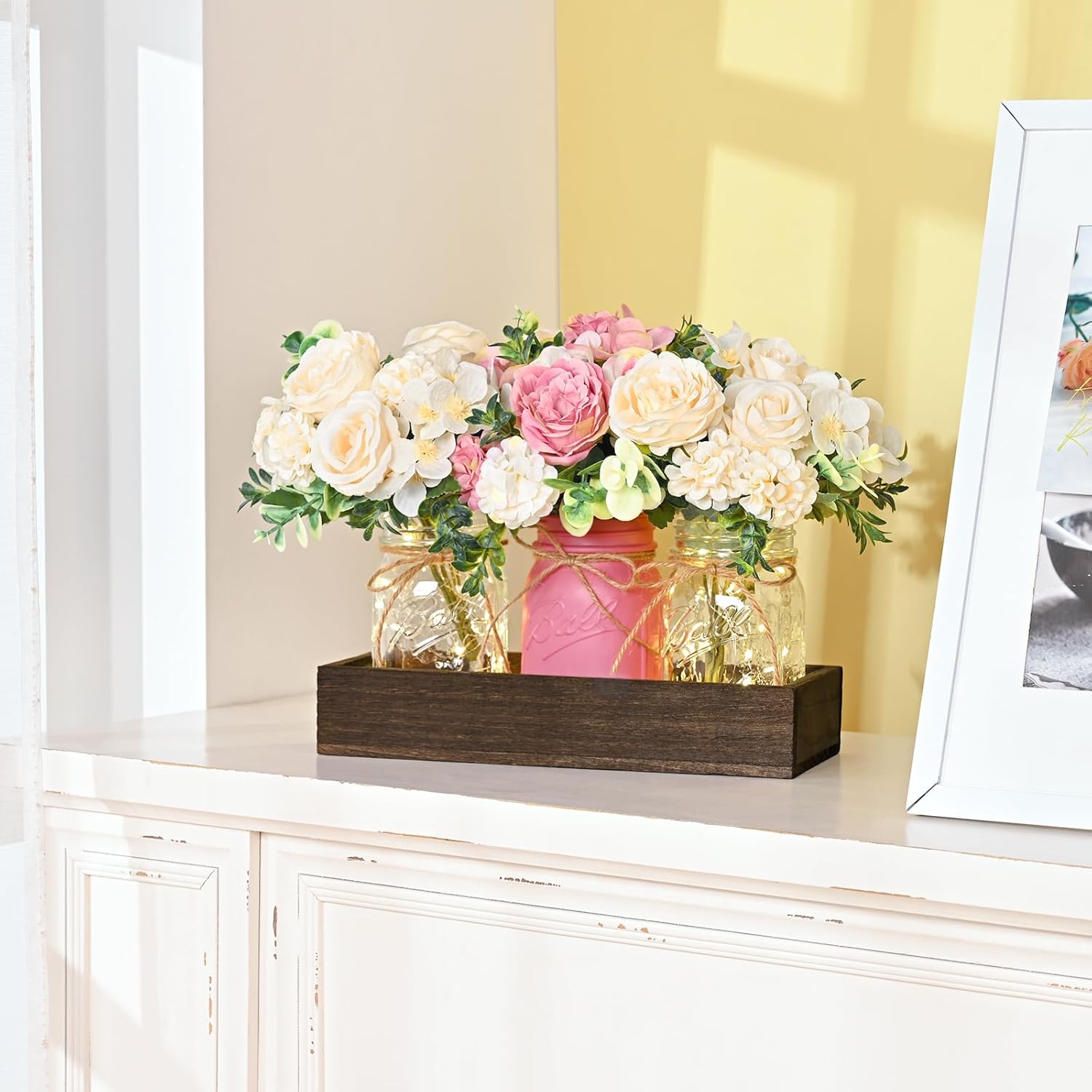 Bloomfinity:  Centerpiece Table Decorations - 3Pcs Roses Artificial Flowers in Mason Jars with Wood Tray for Dining Table Coffee Table Farmhouse Home Decor