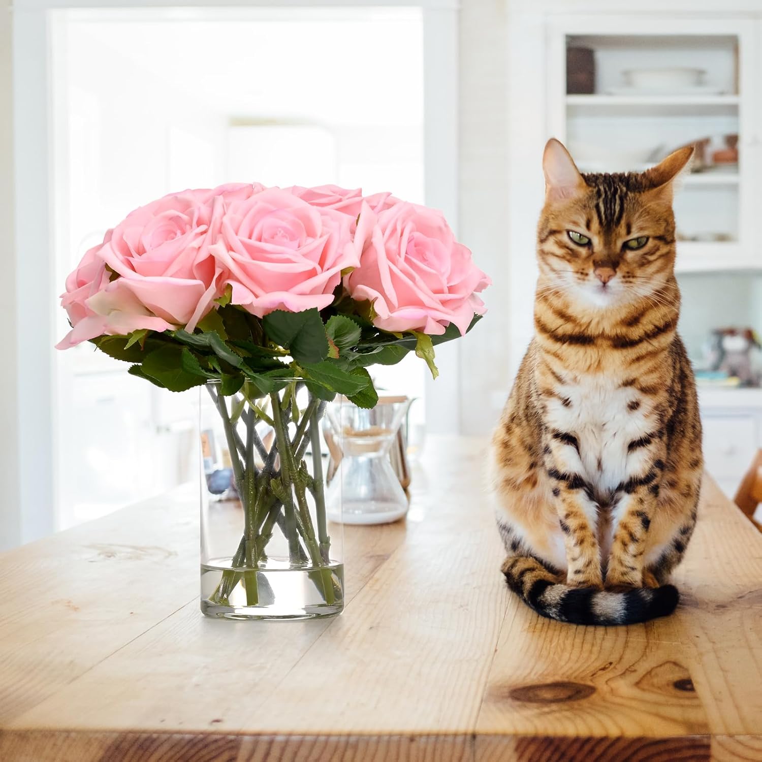 Bloomfinity:  Luxury PU Fake Flowers in Vase with Faux Water, White Real Touch Roses Artificial Flowers with Glass Vase for Office Home Dining Room Centerpiece Table Decorations