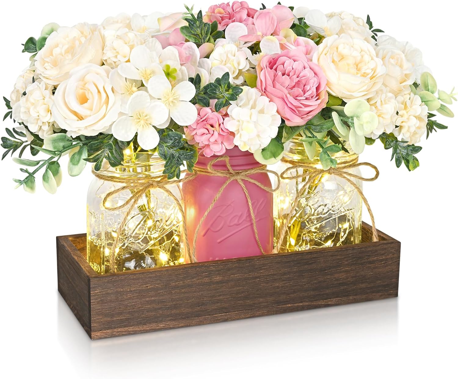 Bloomfinity:  Centerpiece Table Decorations - 3Pcs Roses Artificial Flowers in Mason Jars with Wood Tray for Dining Table Coffee Table Farmhouse Home Decor