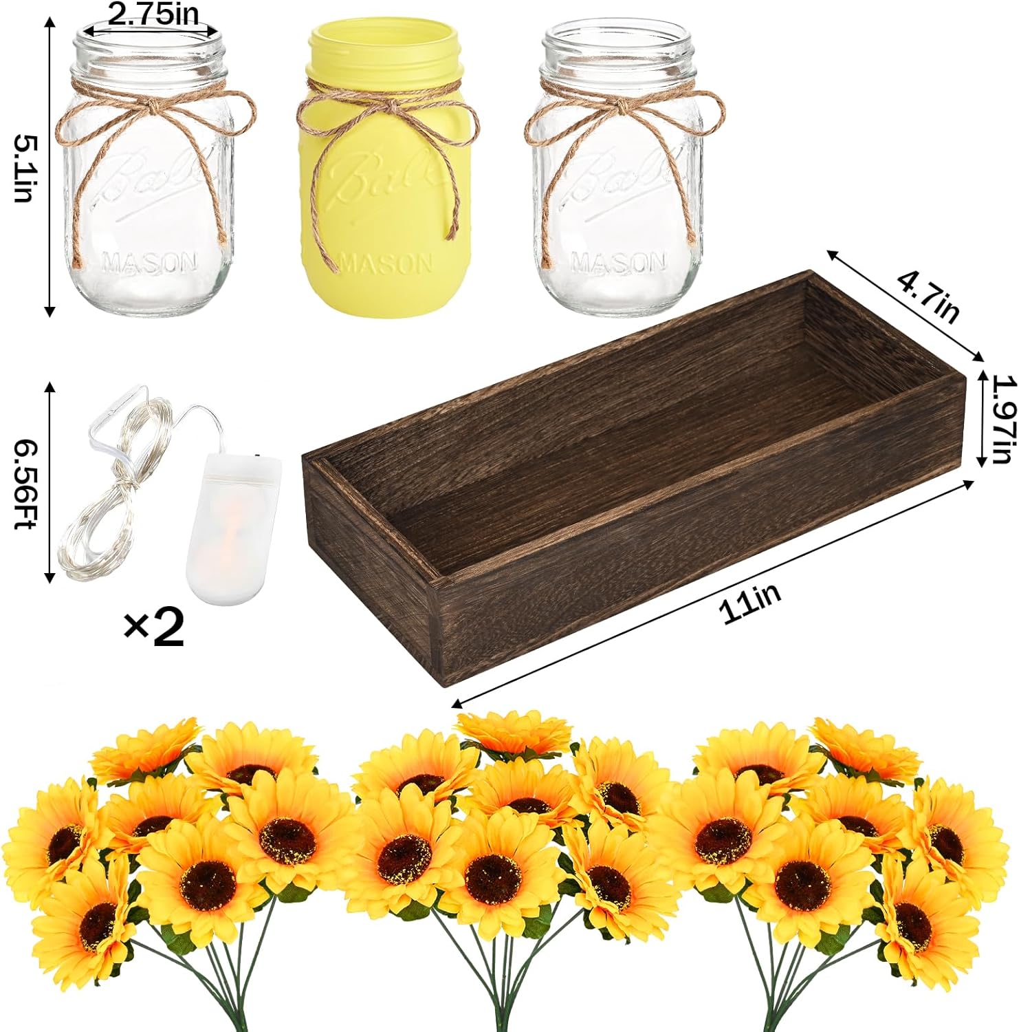 Bloomfinity:  Centerpiece Table Decorations - 3Pcs Roses Artificial Flowers in Mason Jars with Wood Tray for Dining Table Coffee Table Farmhouse Home Decor