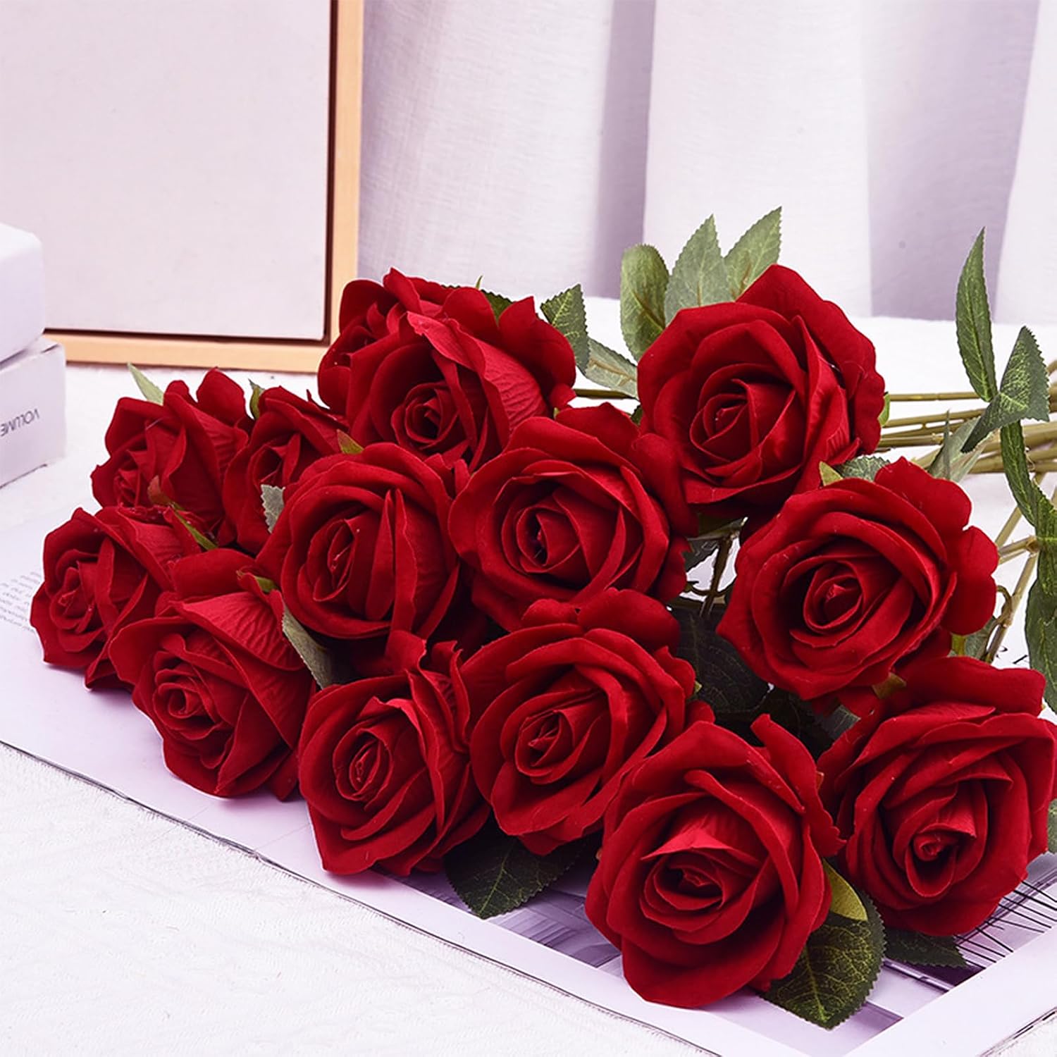 Bloomfinity:  50 Pcs Red Roses Artificial Flowers, Real Touch Velvet Roses Fake Flowers Bulk, Artificial Roses Bouquet with Long Stems Bridal DIY Wedding Party Centerpiece Decorations