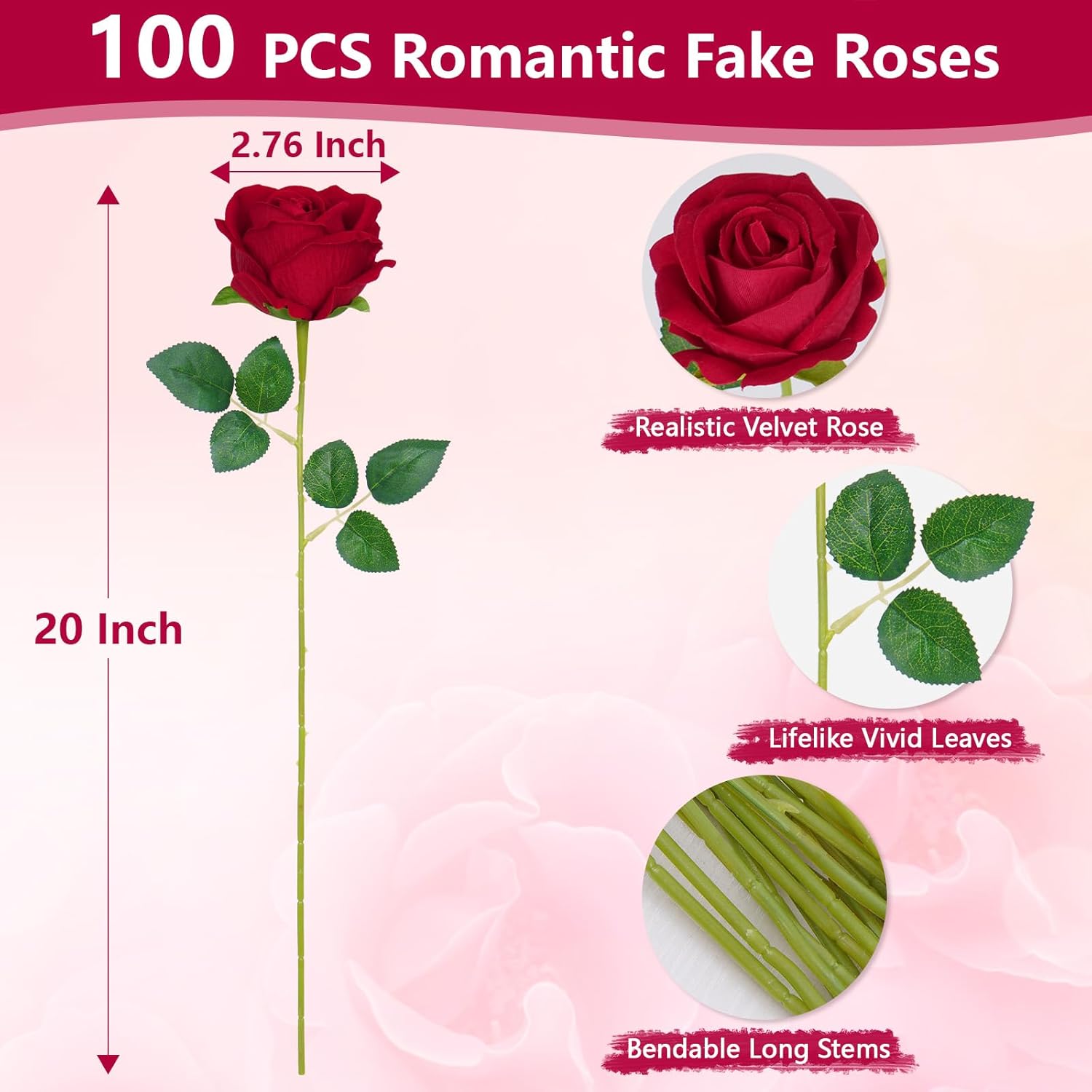 Bloomfinity:  50 Pcs Red Roses Artificial Flowers, Real Touch Velvet Roses Fake Flowers Bulk, Artificial Roses Bouquet with Long Stems Bridal DIY Wedding Party Centerpiece Decorations
