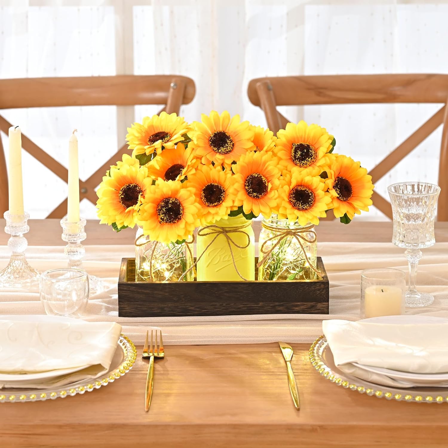 Bloomfinity:  Centerpiece Table Decorations - 3Pcs Roses Artificial Flowers in Mason Jars with Wood Tray for Dining Table Coffee Table Farmhouse Home Decor