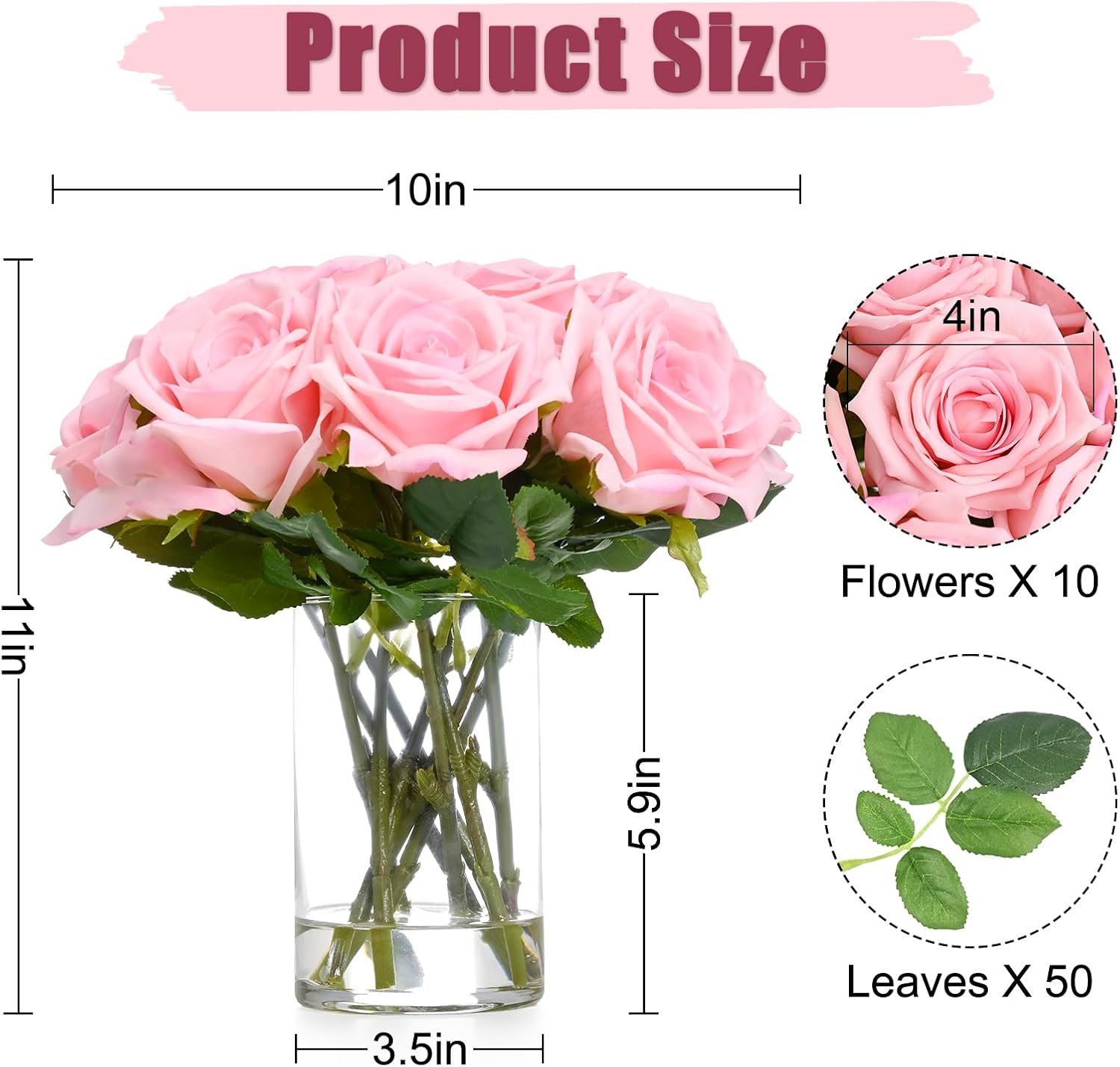 Bloomfinity:  Luxury PU Fake Flowers in Vase with Faux Water, White Real Touch Roses Artificial Flowers with Glass Vase for Office Home Dining Room Centerpiece Table Decorations