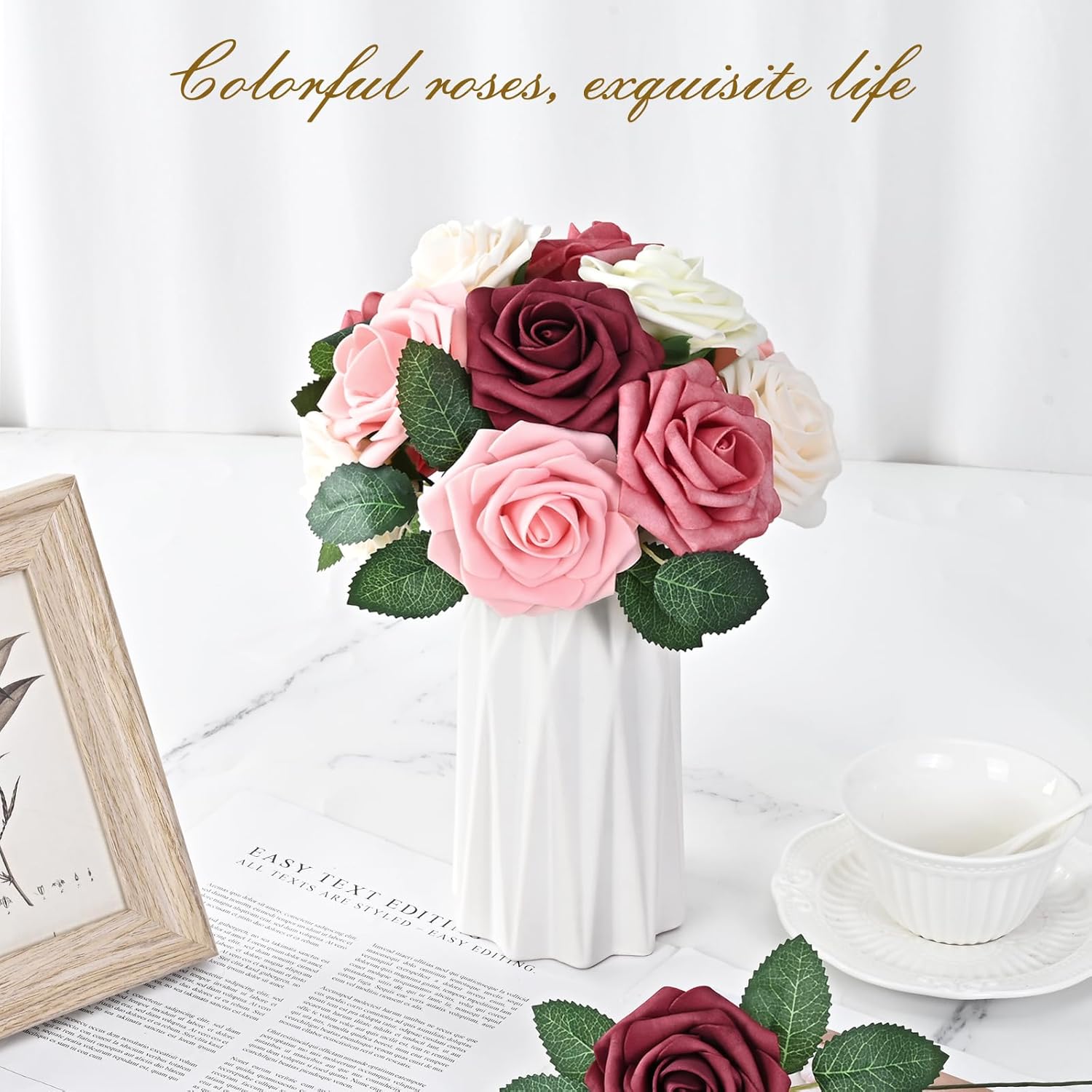 Bloomfinity: 16Pcs Artificial Flowers Fake Roses with Stems, Pink Boxed Foam Roses for DIY Bouquets Centerpieces Wedding Party Arrangement Bridal Shower Decor