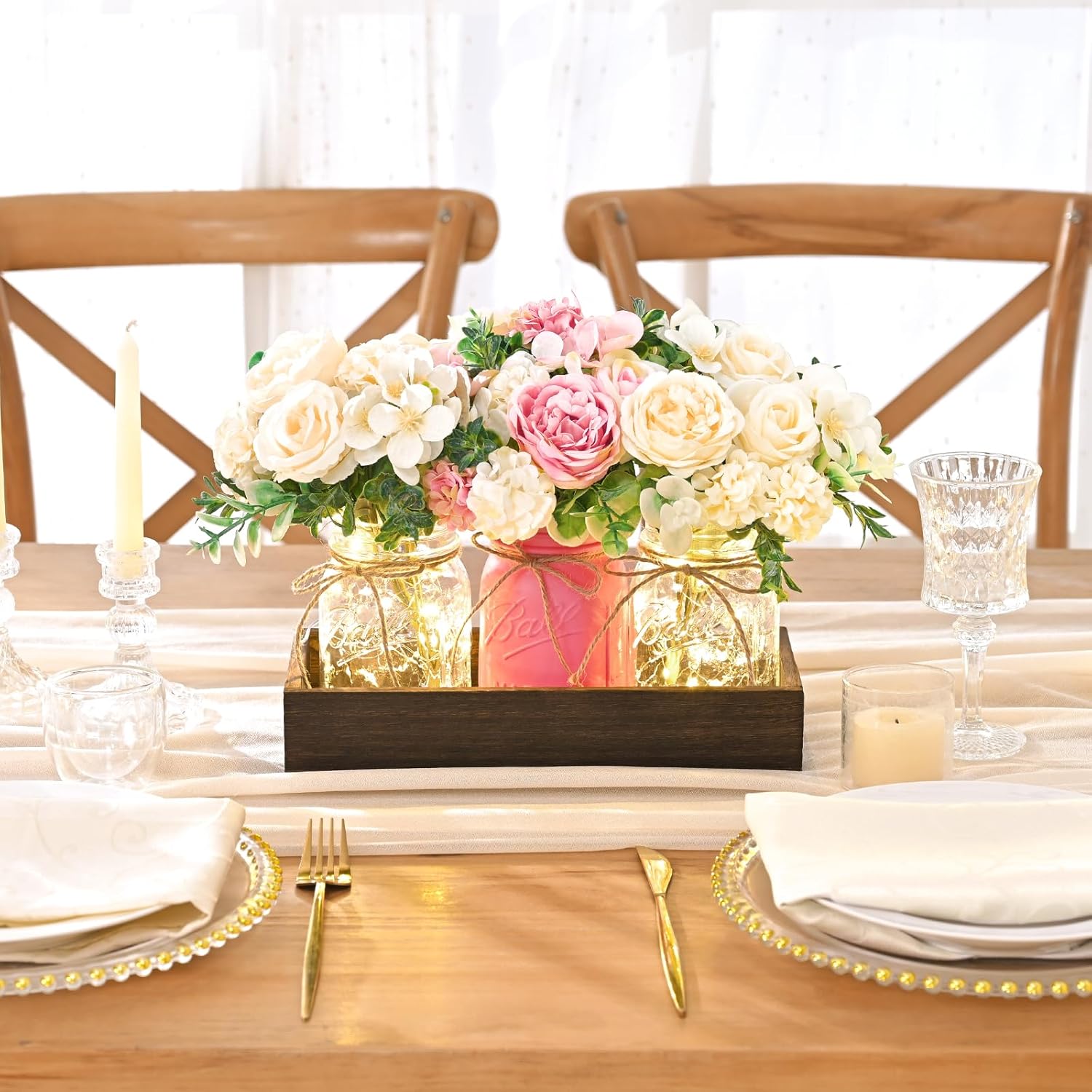 Bloomfinity:  Centerpiece Table Decorations - 3Pcs Roses Artificial Flowers in Mason Jars with Wood Tray for Dining Table Coffee Table Farmhouse Home Decor