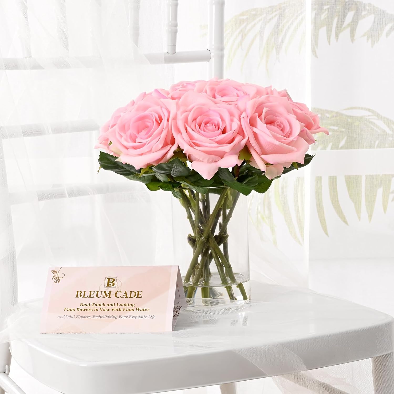 Bloomfinity:  Luxury PU Fake Flowers in Vase with Faux Water, White Real Touch Roses Artificial Flowers with Glass Vase for Office Home Dining Room Centerpiece Table Decorations
