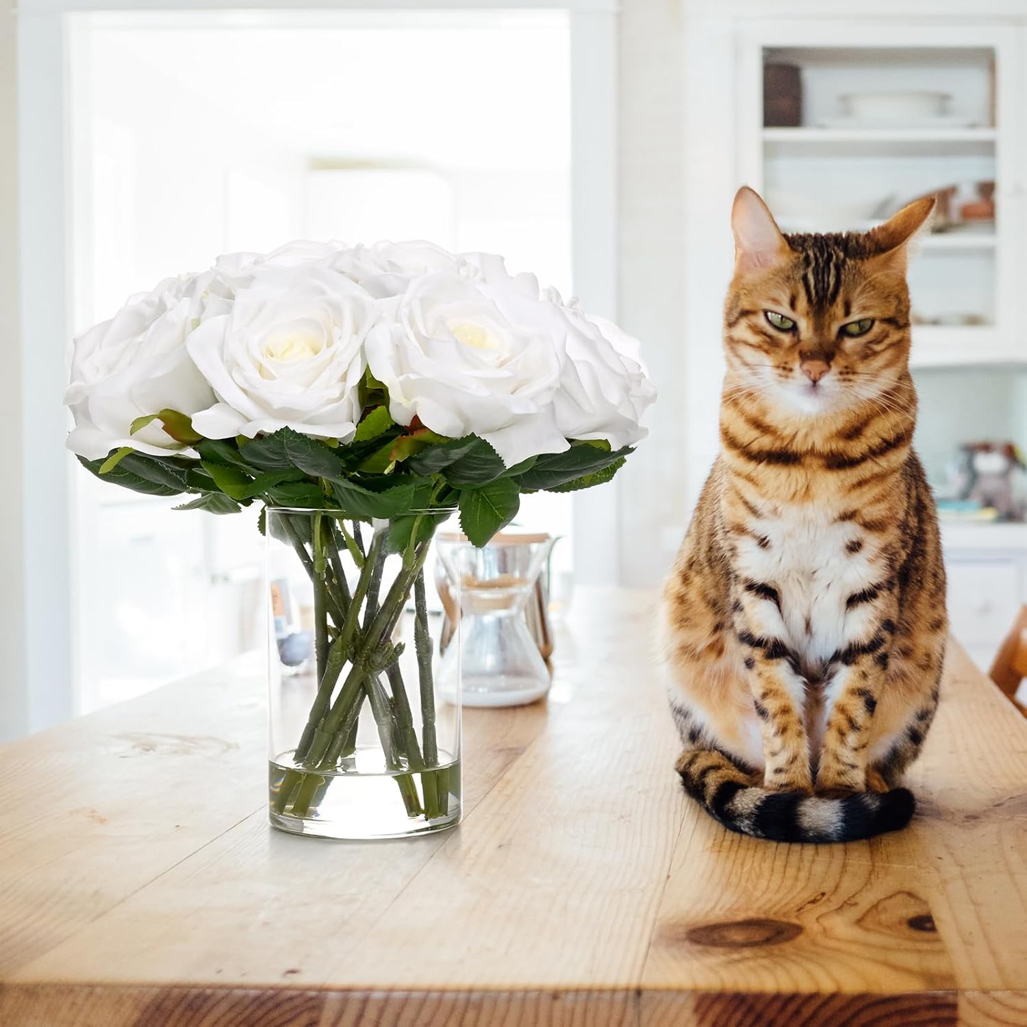 Bloomfinity:  Luxury PU Fake Flowers in Vase with Faux Water, White Real Touch Roses Artificial Flowers with Glass Vase for Office Home Dining Room Centerpiece Table Decorations