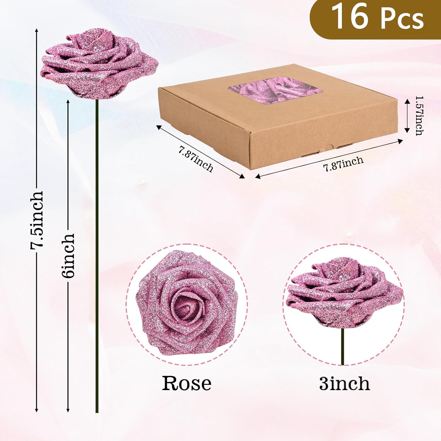 Bloomfinity: 16Pcs Artificial Flowers Fake Roses with Stems, Pink Boxed Foam Roses for DIY Bouquets Centerpieces Wedding Party Arrangement Bridal Shower Decor
