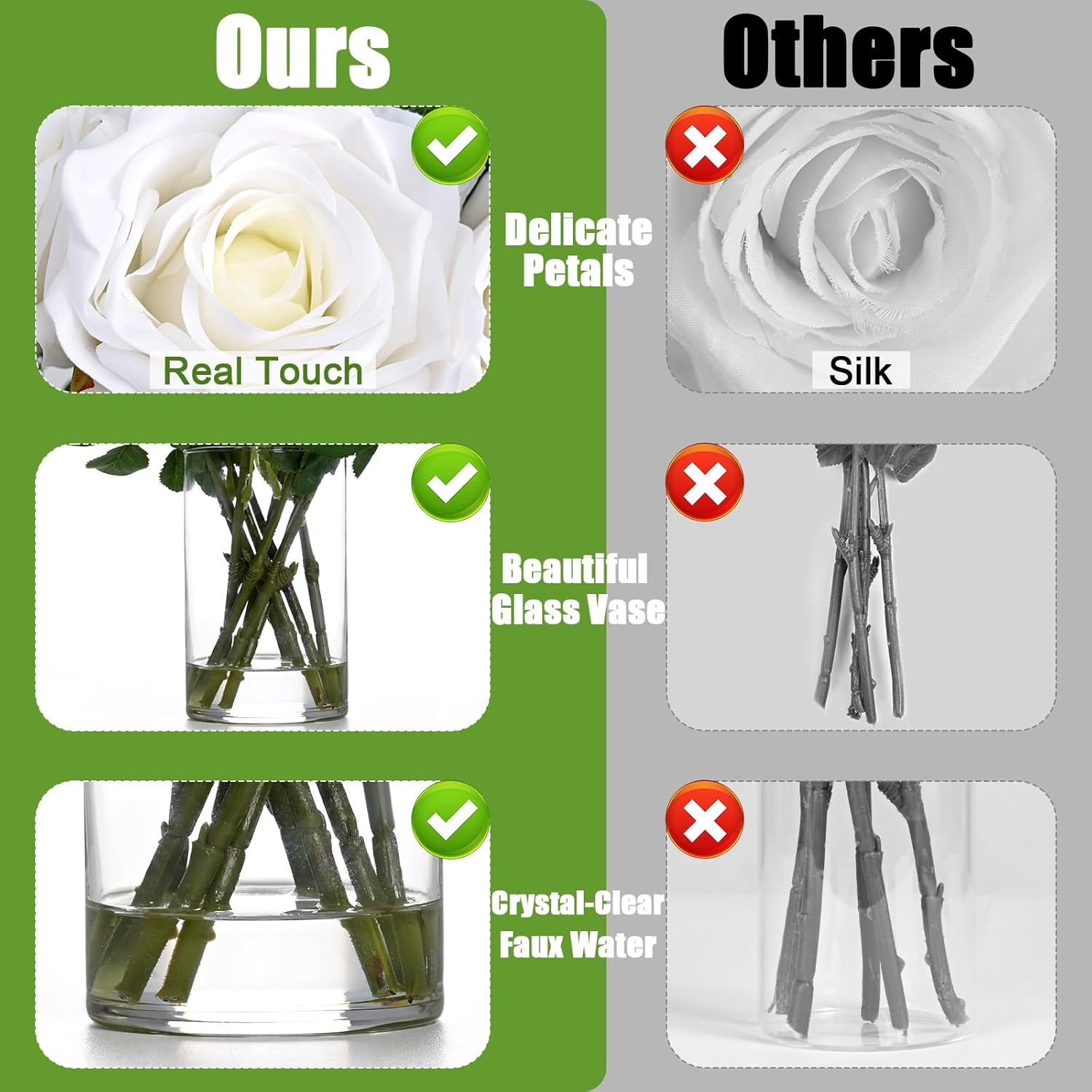 Bloomfinity:  Luxury PU Fake Flowers in Vase with Faux Water, White Real Touch Roses Artificial Flowers with Glass Vase for Office Home Dining Room Centerpiece Table Decorations