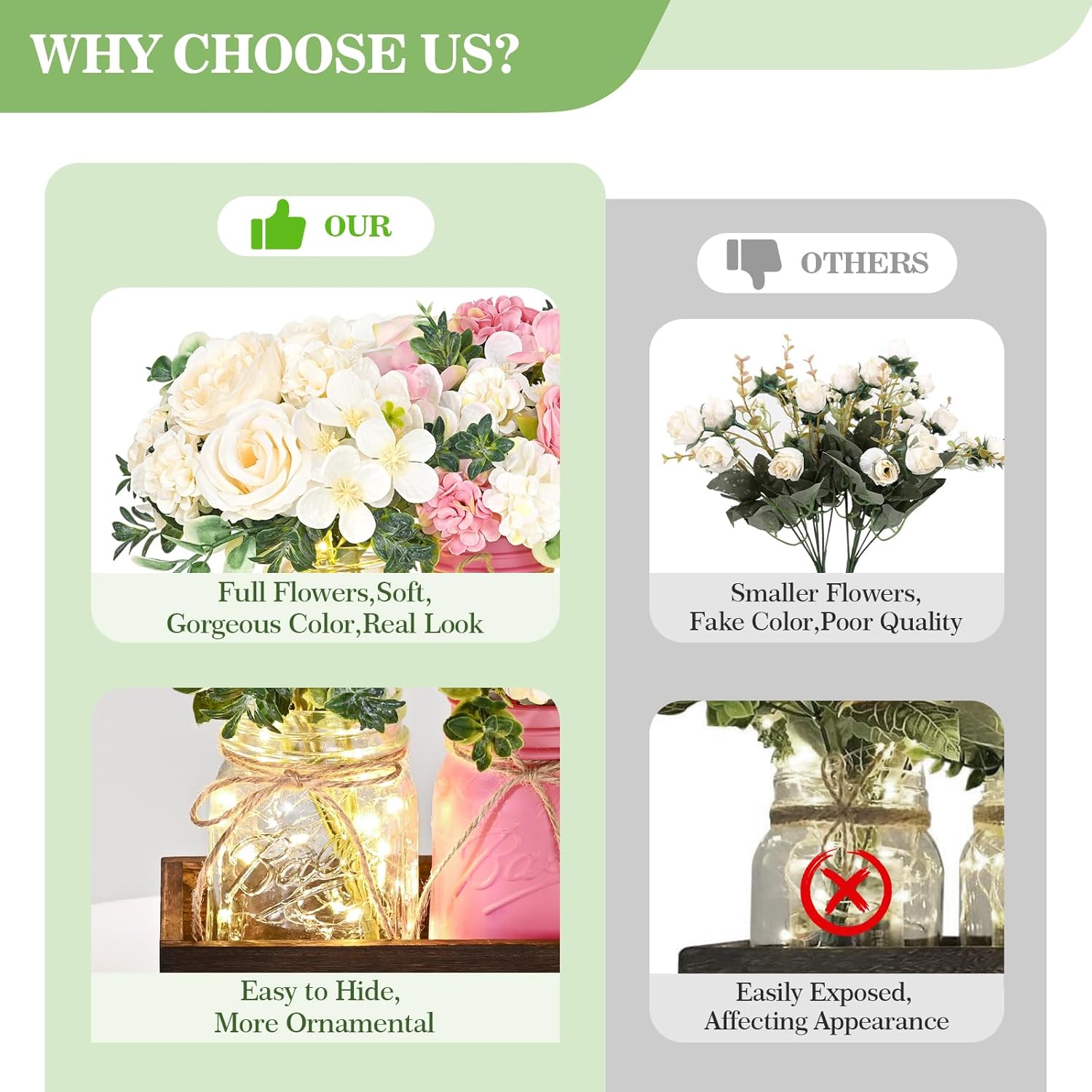 Bloomfinity:  Centerpiece Table Decorations - 3Pcs Roses Artificial Flowers in Mason Jars with Wood Tray for Dining Table Coffee Table Farmhouse Home Decor