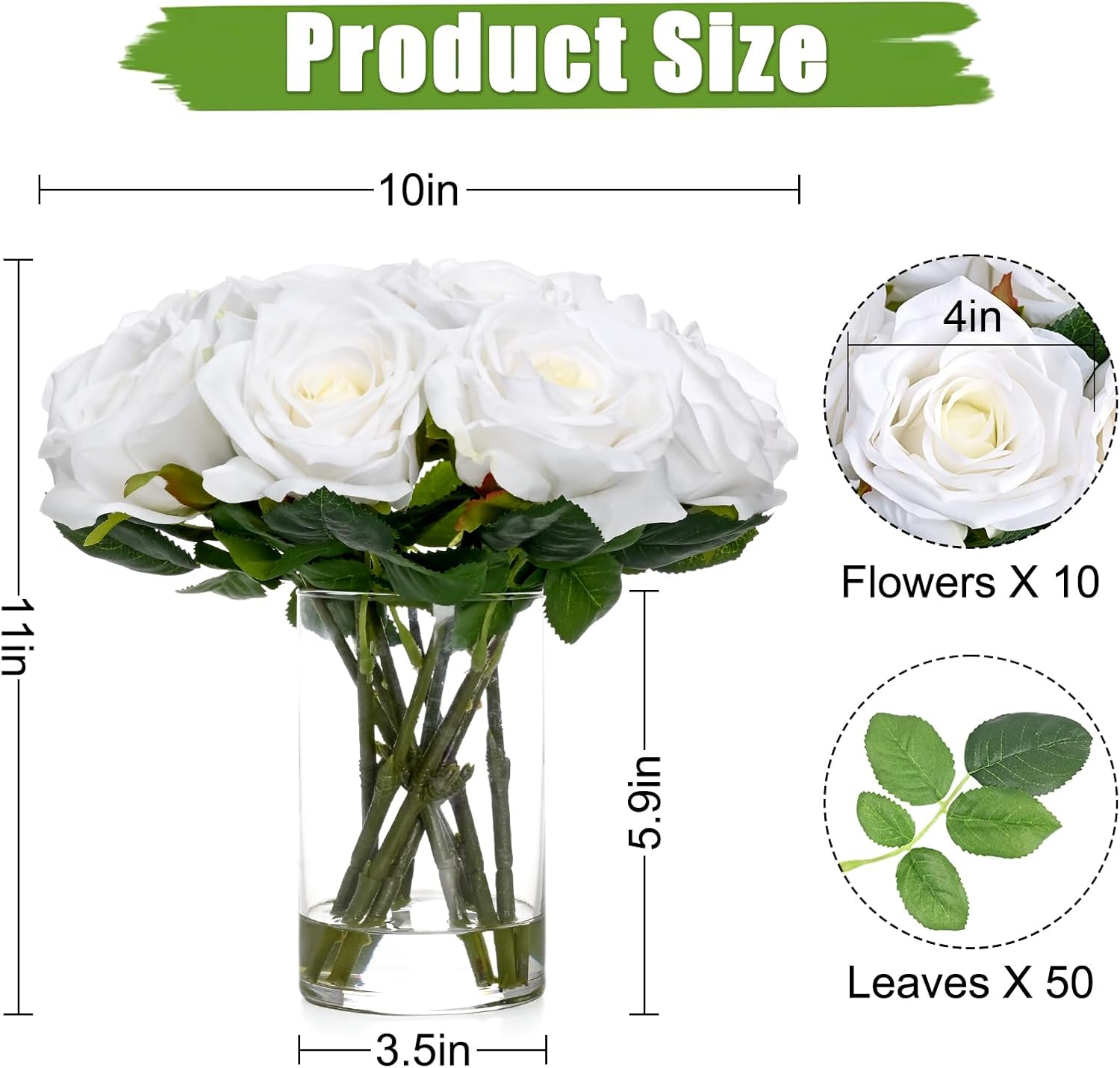 Bloomfinity:  Luxury PU Fake Flowers in Vase with Faux Water, White Real Touch Roses Artificial Flowers with Glass Vase for Office Home Dining Room Centerpiece Table Decorations