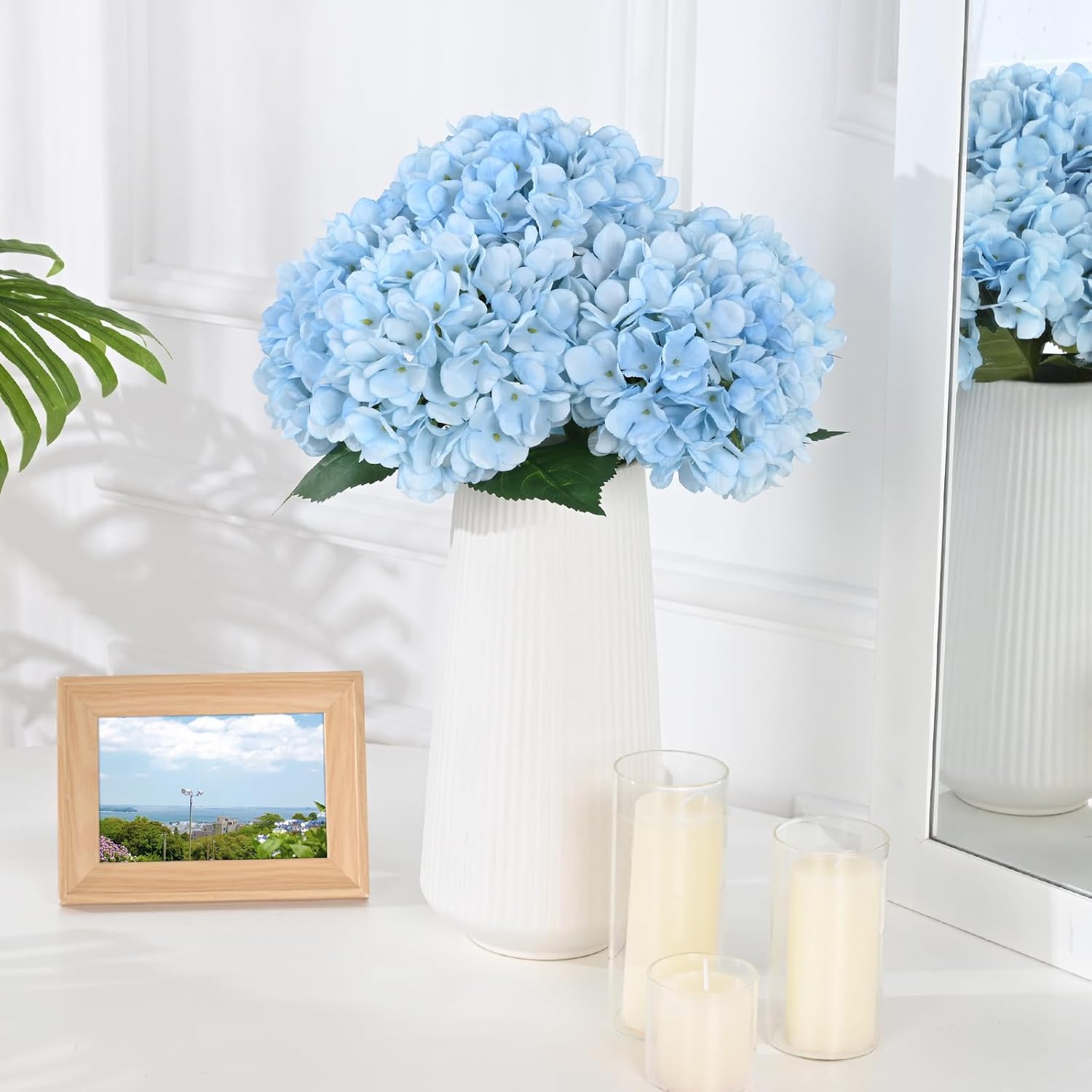 Bloomfinity:  4 Pcs Blue Hydrangea Artificial Flowers with Realistic Stems, 18In Large Fake Blue Flowers, Faux Flower for Home Party Decor Outdoor Wedding Bouquets Table Centerpieces Decoration