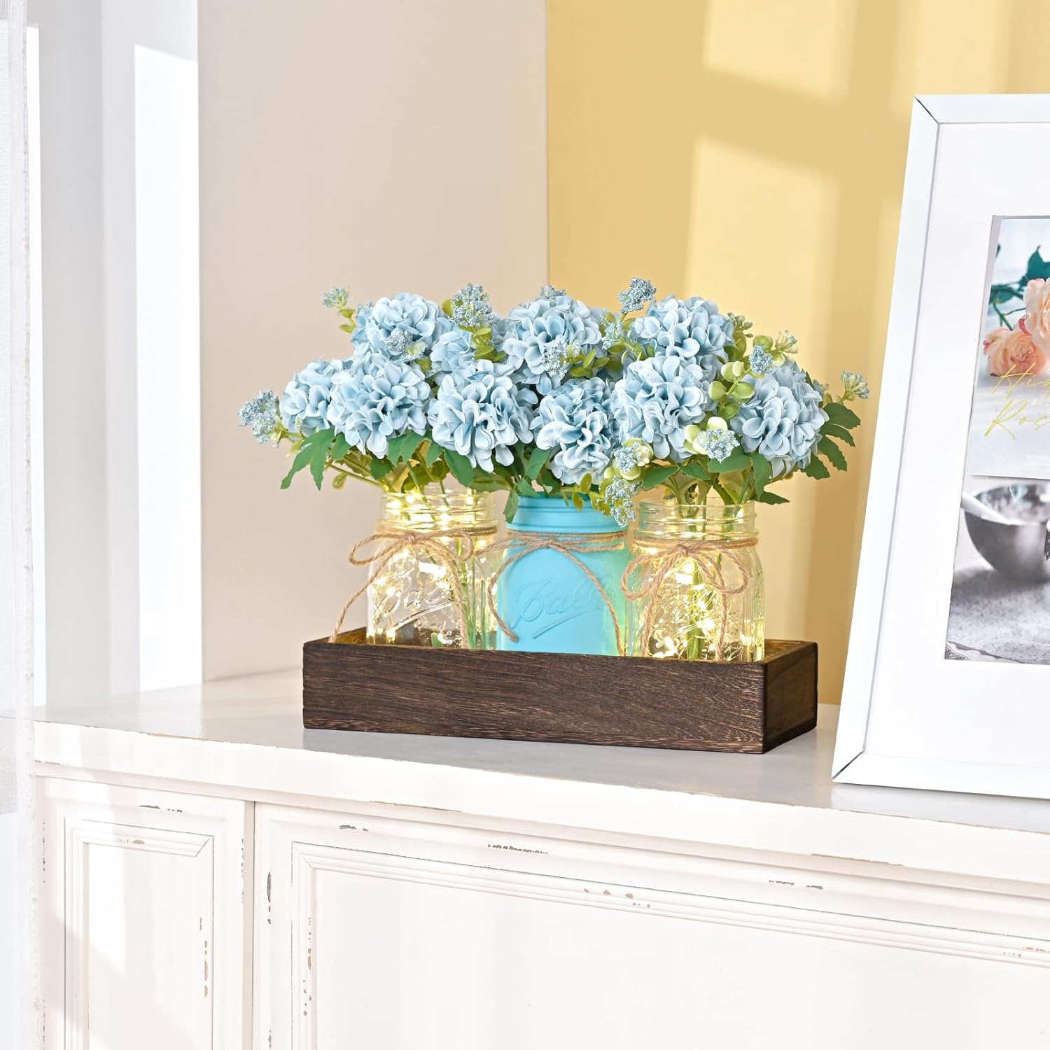 Bloomfinity:  Centerpiece Table Decorations - 3Pcs Roses Artificial Flowers in Mason Jars with Wood Tray for Dining Table Coffee Table Farmhouse Home Decor