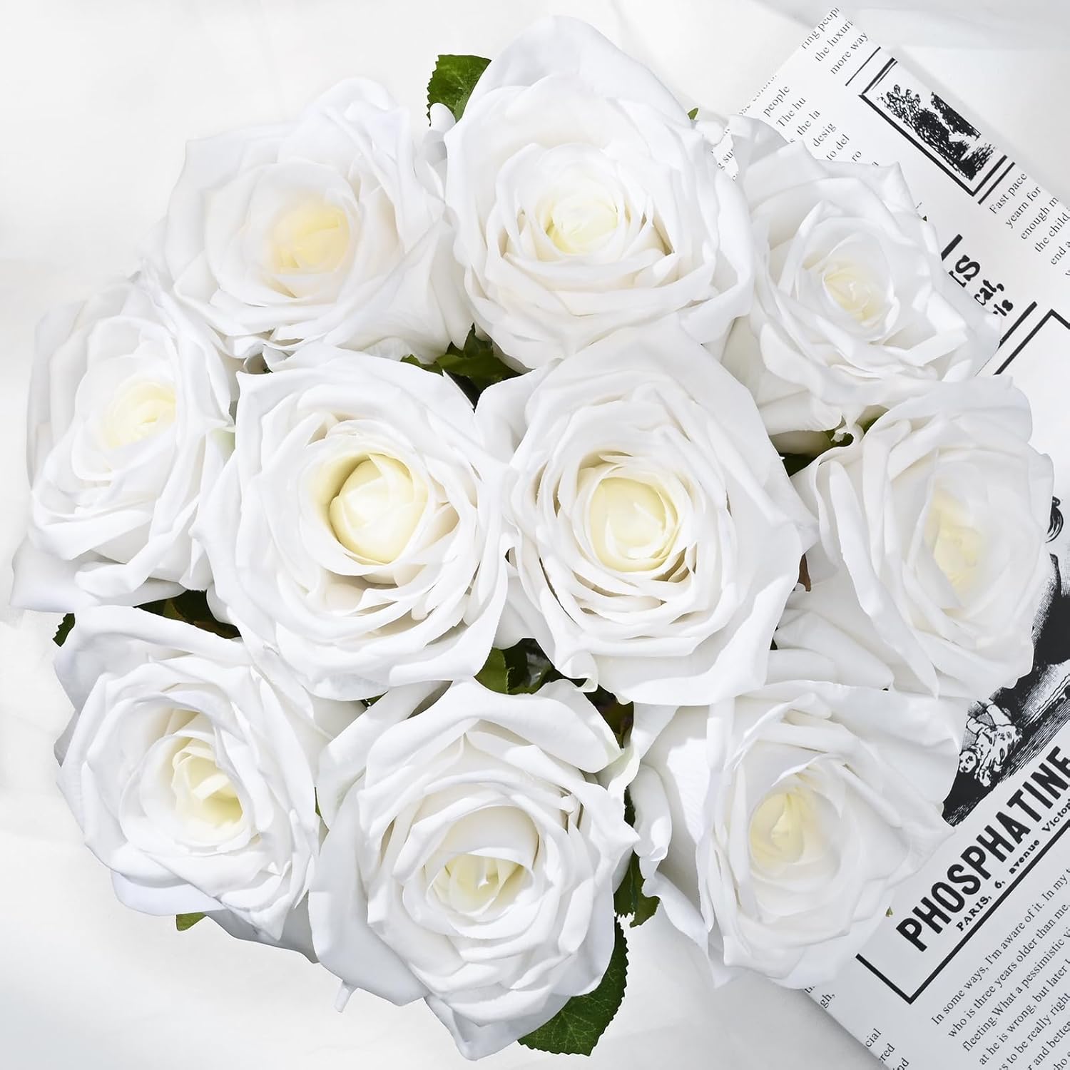 Bloomfinity:  Luxury PU Fake Flowers in Vase with Faux Water, White Real Touch Roses Artificial Flowers with Glass Vase for Office Home Dining Room Centerpiece Table Decorations