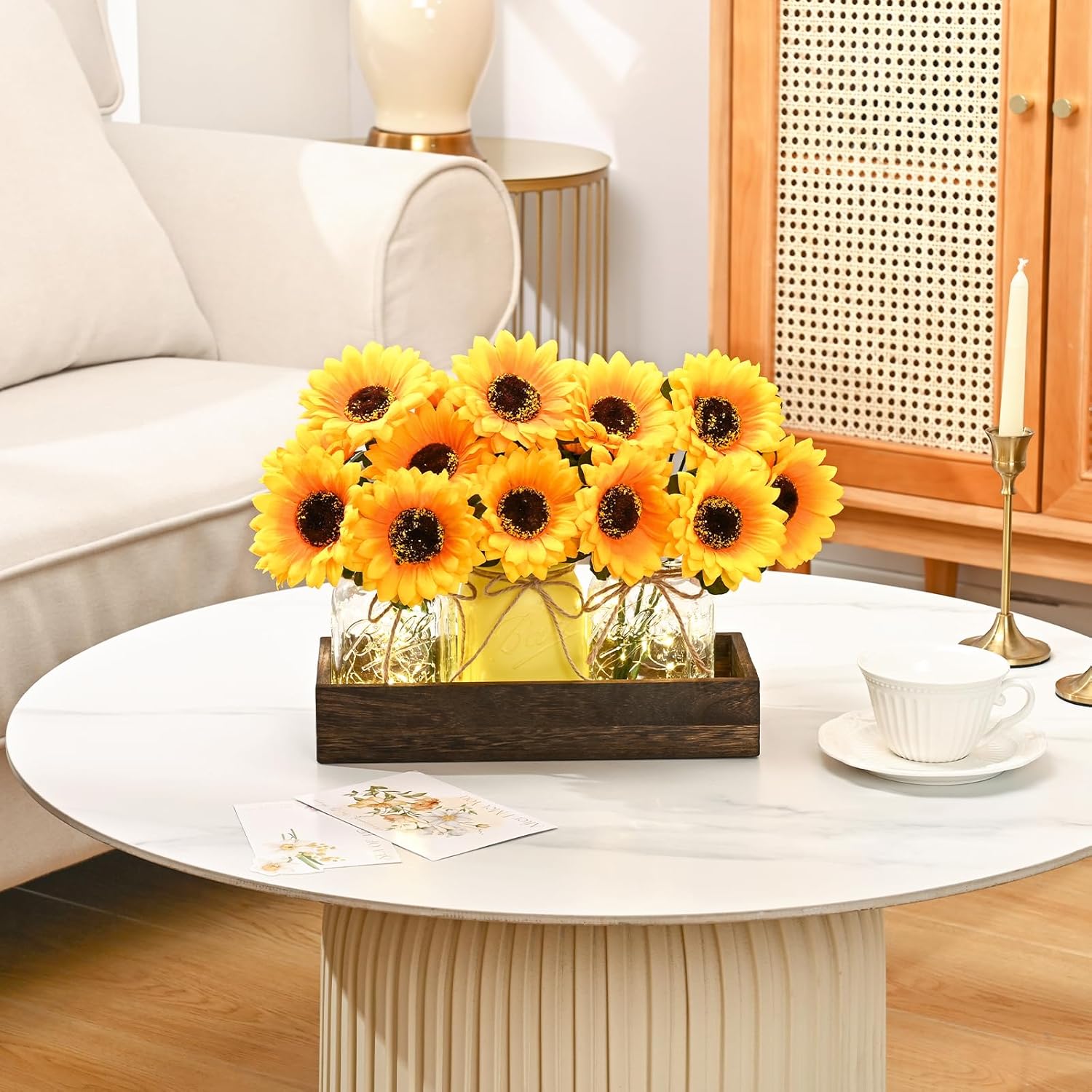 Bloomfinity:  Centerpiece Table Decorations - 3Pcs Roses Artificial Flowers in Mason Jars with Wood Tray for Dining Table Coffee Table Farmhouse Home Decor