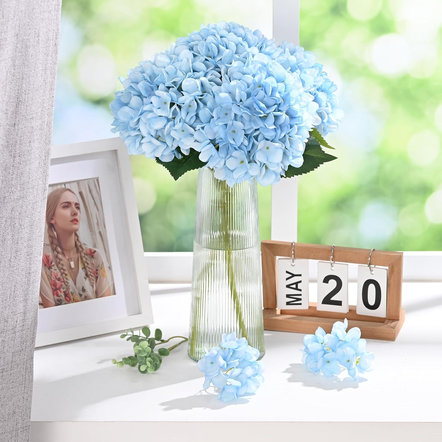 Bloomfinity:  4 Pcs Blue Hydrangea Artificial Flowers with Realistic Stems, 18In Large Fake Blue Flowers, Faux Flower for Home Party Decor Outdoor Wedding Bouquets Table Centerpieces Decoration
