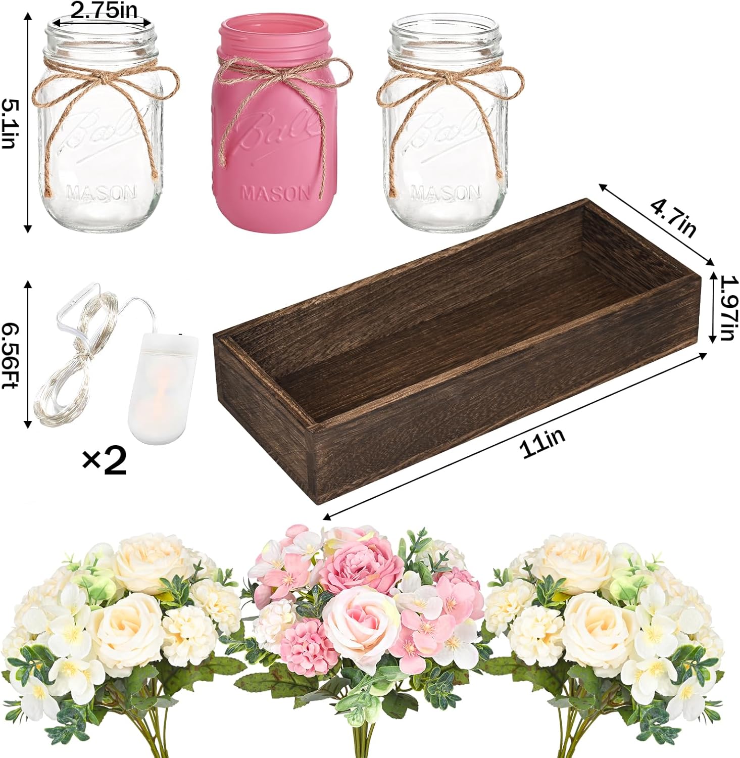 Bloomfinity:  Centerpiece Table Decorations - 3Pcs Roses Artificial Flowers in Mason Jars with Wood Tray for Dining Table Coffee Table Farmhouse Home Decor