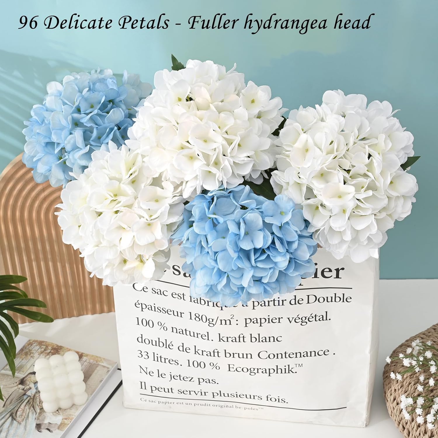 Bloomfinity:  4 Pcs Blue Hydrangea Artificial Flowers with Realistic Stems, 18In Large Fake Blue Flowers, Faux Flower for Home Party Decor Outdoor Wedding Bouquets Table Centerpieces Decoration