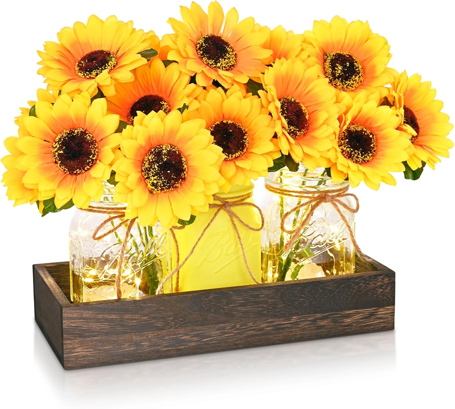 Bloomfinity:  Centerpiece Table Decorations - 3Pcs Roses Artificial Flowers in Mason Jars with Wood Tray for Dining Table Coffee Table Farmhouse Home Decor