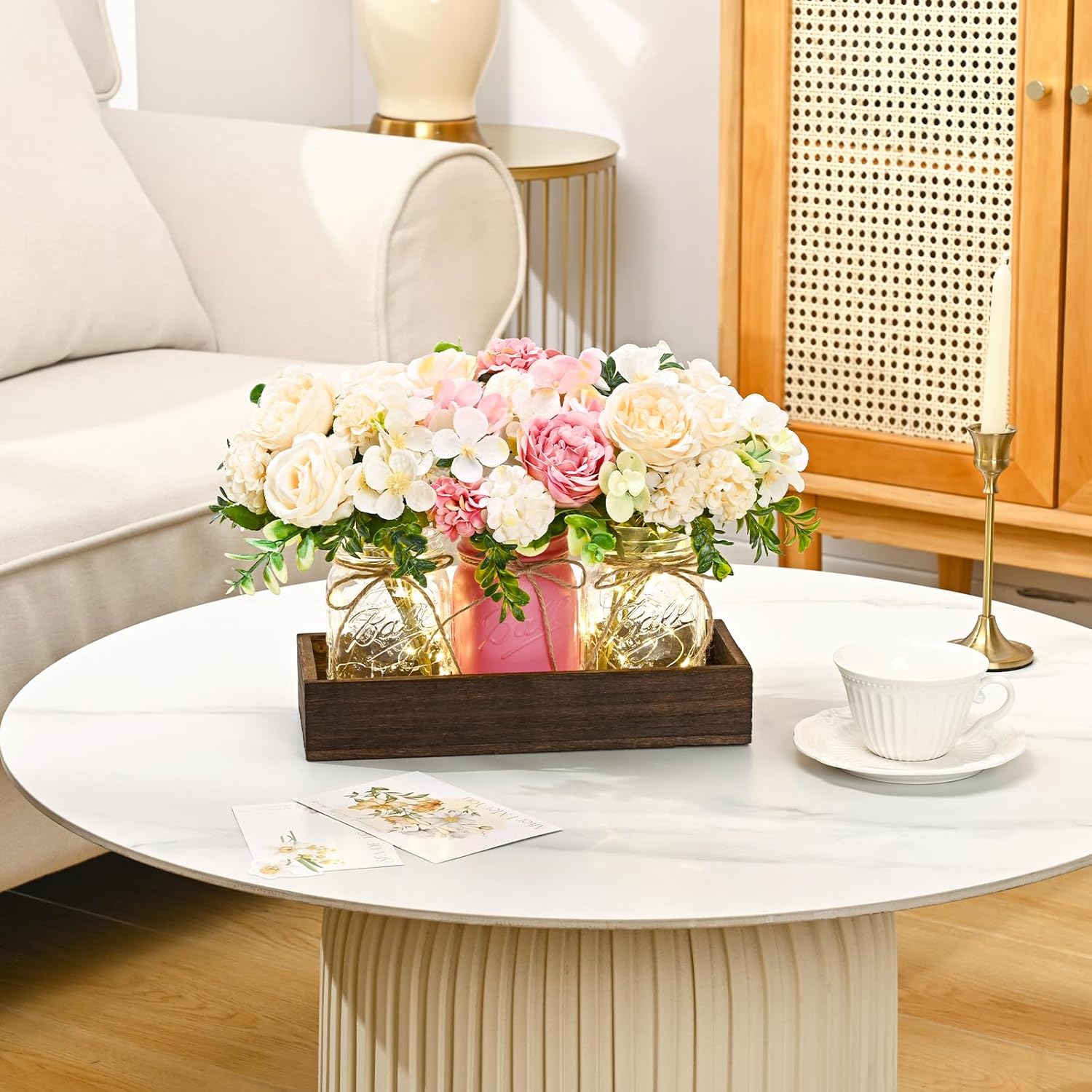 Bloomfinity:  Centerpiece Table Decorations - 3Pcs Roses Artificial Flowers in Mason Jars with Wood Tray for Dining Table Coffee Table Farmhouse Home Decor