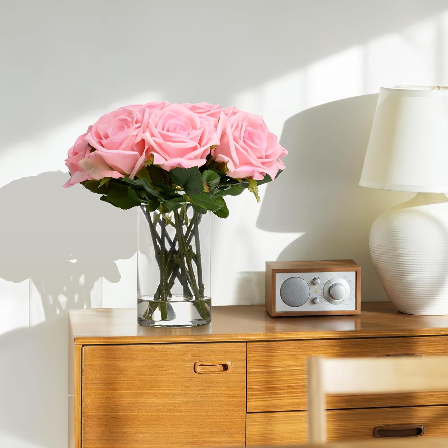 Bloomfinity:  Luxury PU Fake Flowers in Vase with Faux Water, White Real Touch Roses Artificial Flowers with Glass Vase for Office Home Dining Room Centerpiece Table Decorations