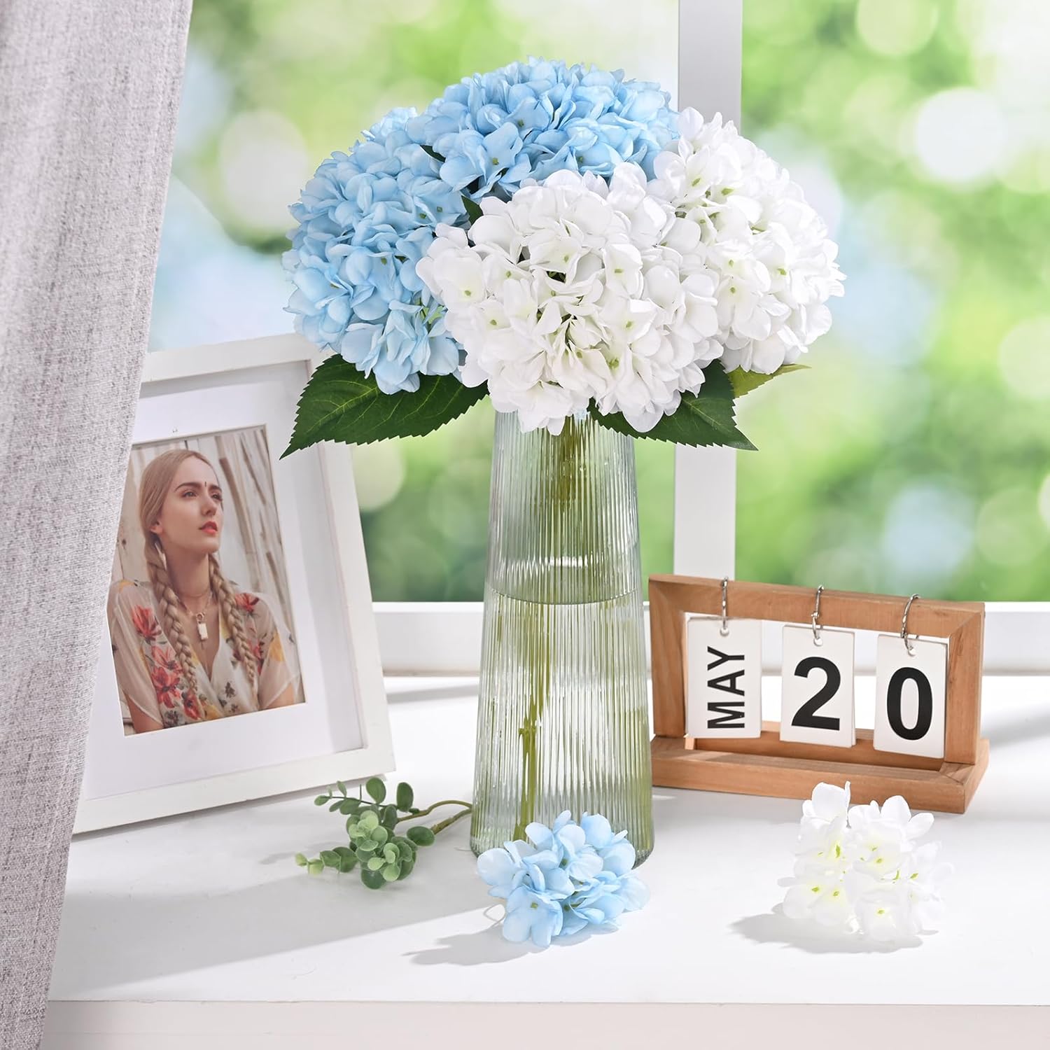 Bloomfinity:  4 Pcs Blue Hydrangea Artificial Flowers with Realistic Stems, 18In Large Fake Blue Flowers, Faux Flower for Home Party Decor Outdoor Wedding Bouquets Table Centerpieces Decoration