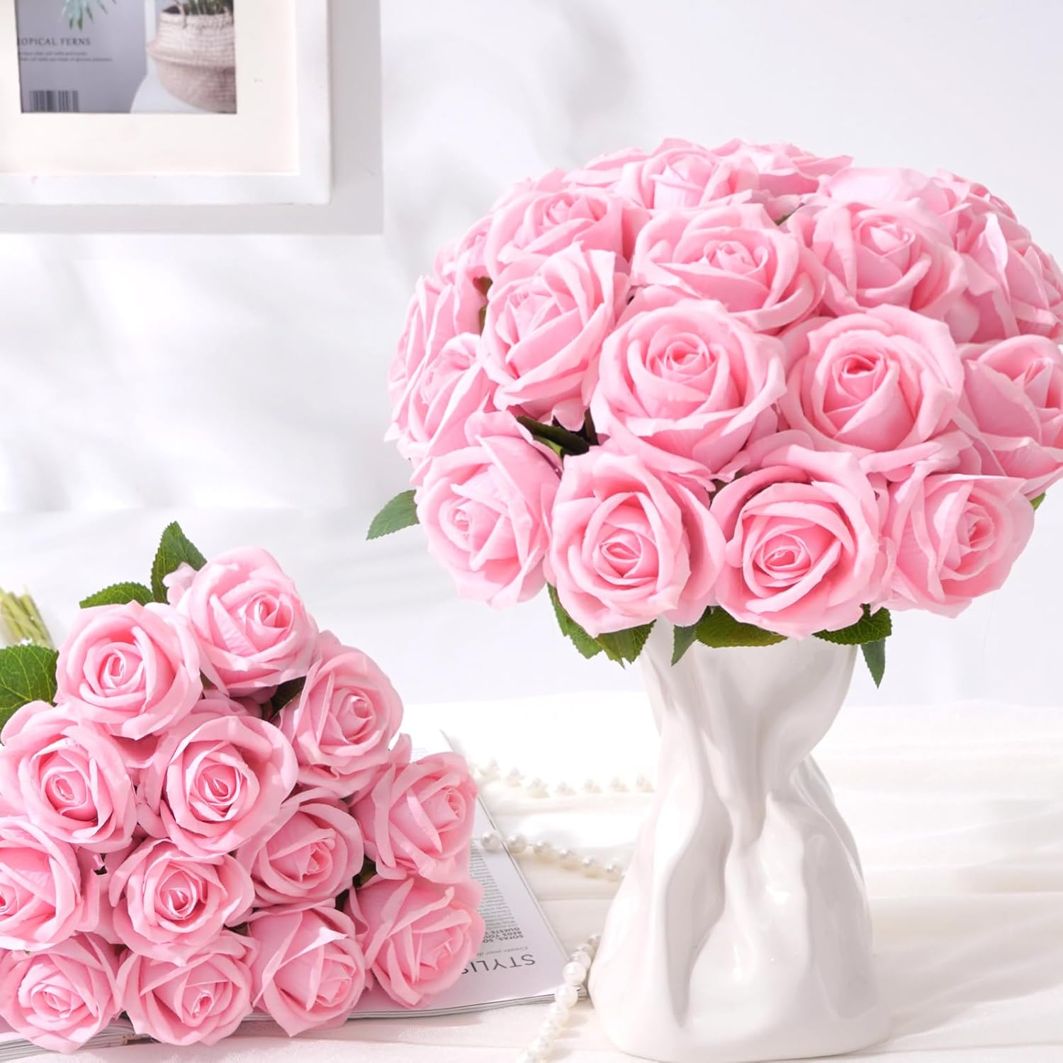 Bloomfinity:  50 Pcs Red Roses Artificial Flowers, Real Touch Velvet Roses Fake Flowers Bulk, Artificial Roses Bouquet with Long Stems Bridal DIY Wedding Party Centerpiece Decorations