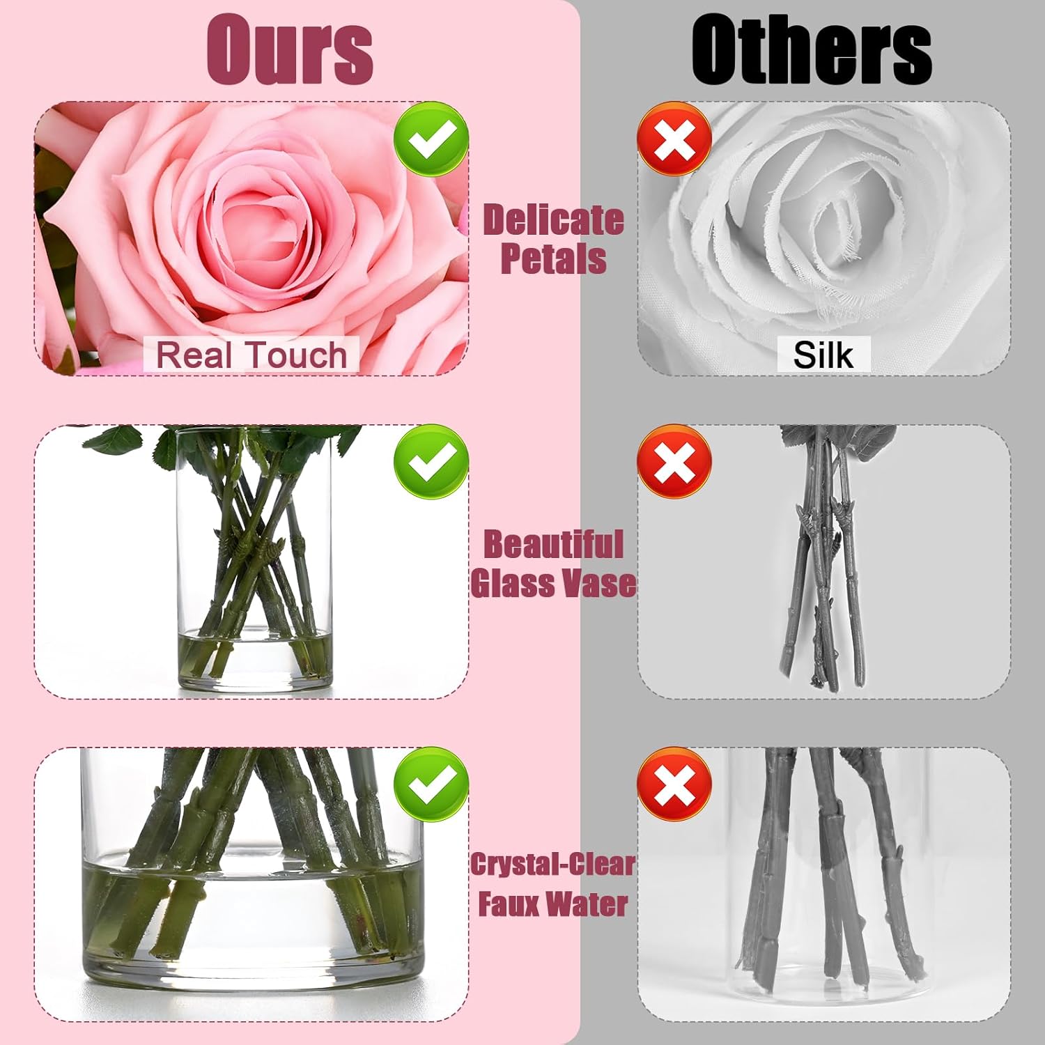 Bloomfinity:  Luxury PU Fake Flowers in Vase with Faux Water, White Real Touch Roses Artificial Flowers with Glass Vase for Office Home Dining Room Centerpiece Table Decorations