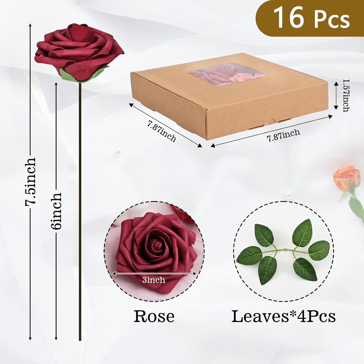 Bloomfinity: 16Pcs Artificial Flowers Fake Roses with Stems, Pink Boxed Foam Roses for DIY Bouquets Centerpieces Wedding Party Arrangement Bridal Shower Decor