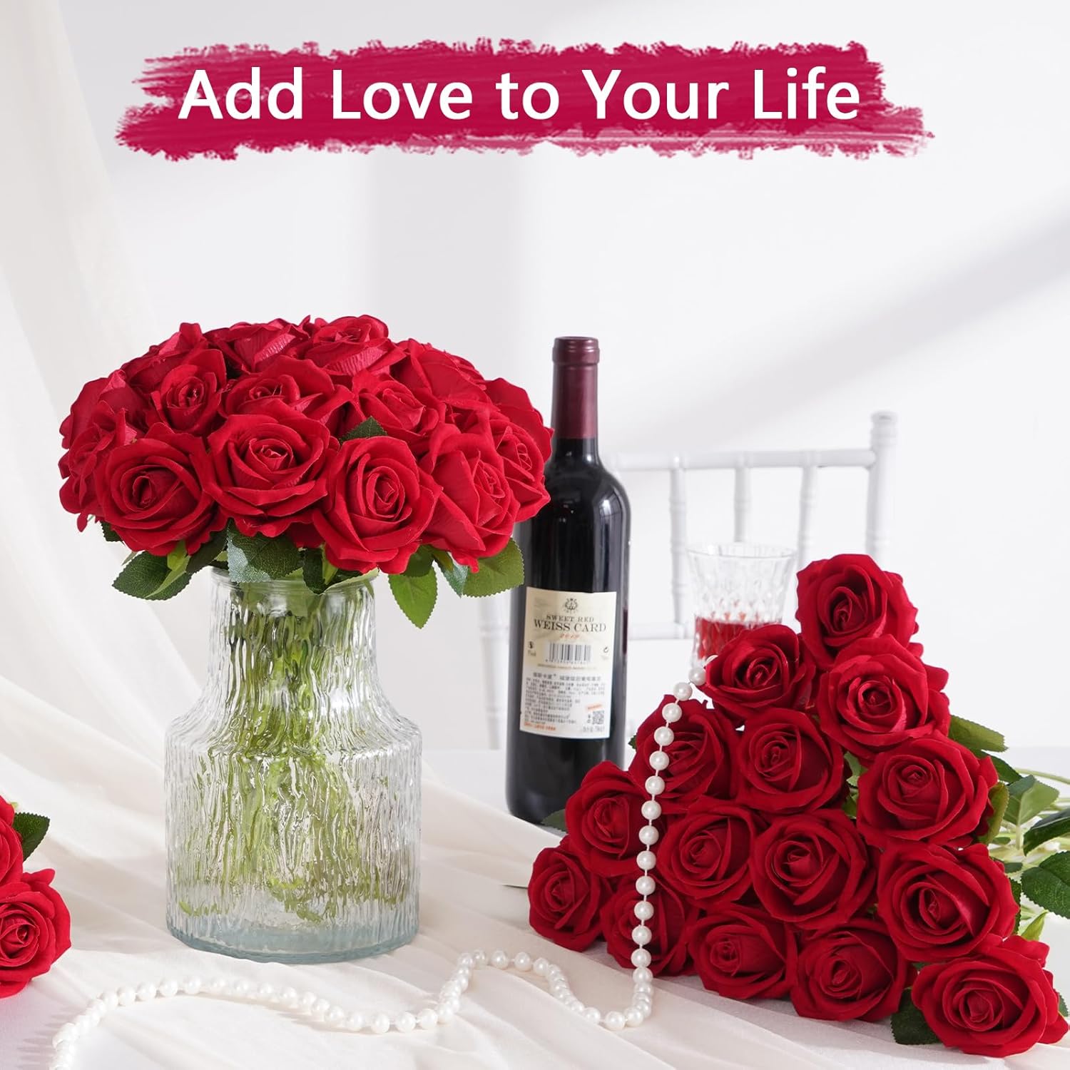 Bloomfinity:  50 Pcs Red Roses Artificial Flowers, Real Touch Velvet Roses Fake Flowers Bulk, Artificial Roses Bouquet with Long Stems Bridal DIY Wedding Party Centerpiece Decorations