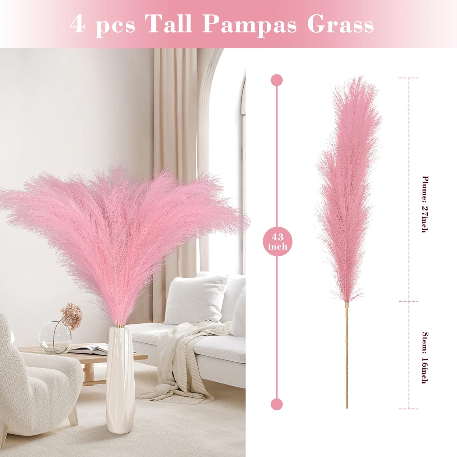 Bloomfinity:  4pcs 43"/3.6 FT Faux Pampas Grass, Pink Tall Pampas Grass for Floor Vase, Boho Artificial Pampas Grass Decor, Fake Pompous Grass Fluffy Vase Filler for Home Room Boho Decor