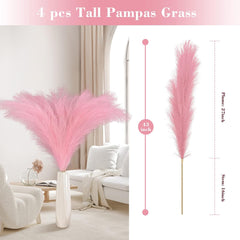 Bloomfinity:  4pcs 43"/3.6 FT Faux Pampas Grass, Pink Tall Pampas Grass for Floor Vase, Boho Artificial Pampas Grass Decor, Fake Pompous Grass Fluffy Vase Filler for Home Room Boho Decor