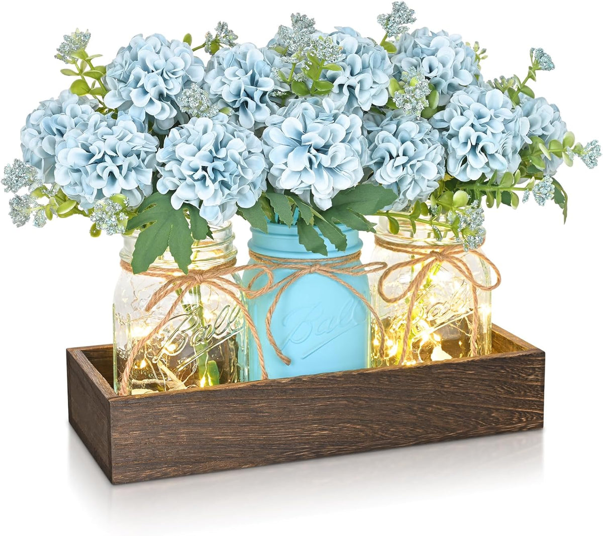 Bloomfinity:  Centerpiece Table Decorations - 3Pcs Roses Artificial Flowers in Mason Jars with Wood Tray for Dining Table Coffee Table Farmhouse Home Decor
