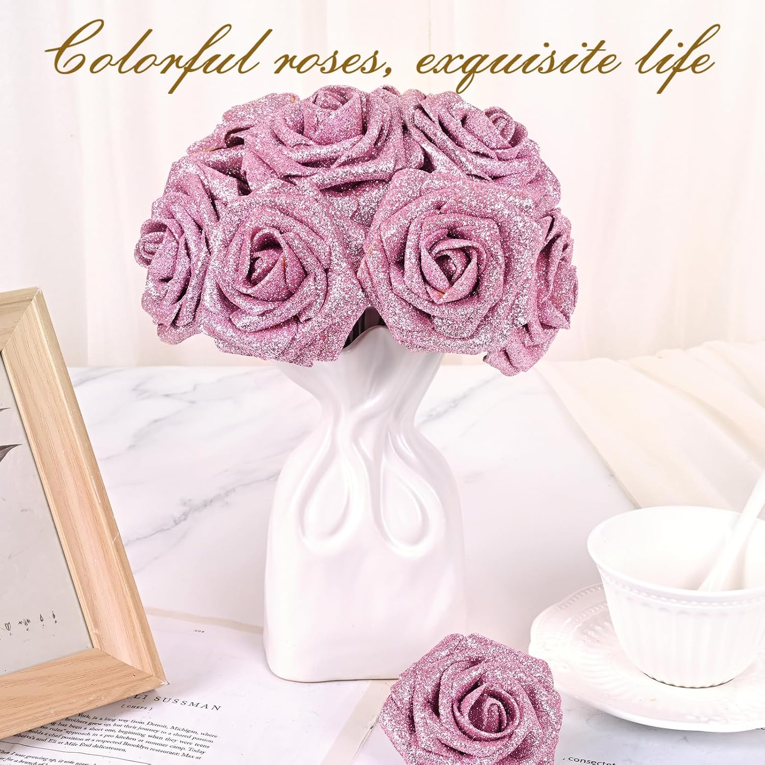 Bloomfinity: 16Pcs Artificial Flowers Fake Roses with Stems, Pink Boxed Foam Roses for DIY Bouquets Centerpieces Wedding Party Arrangement Bridal Shower Decor