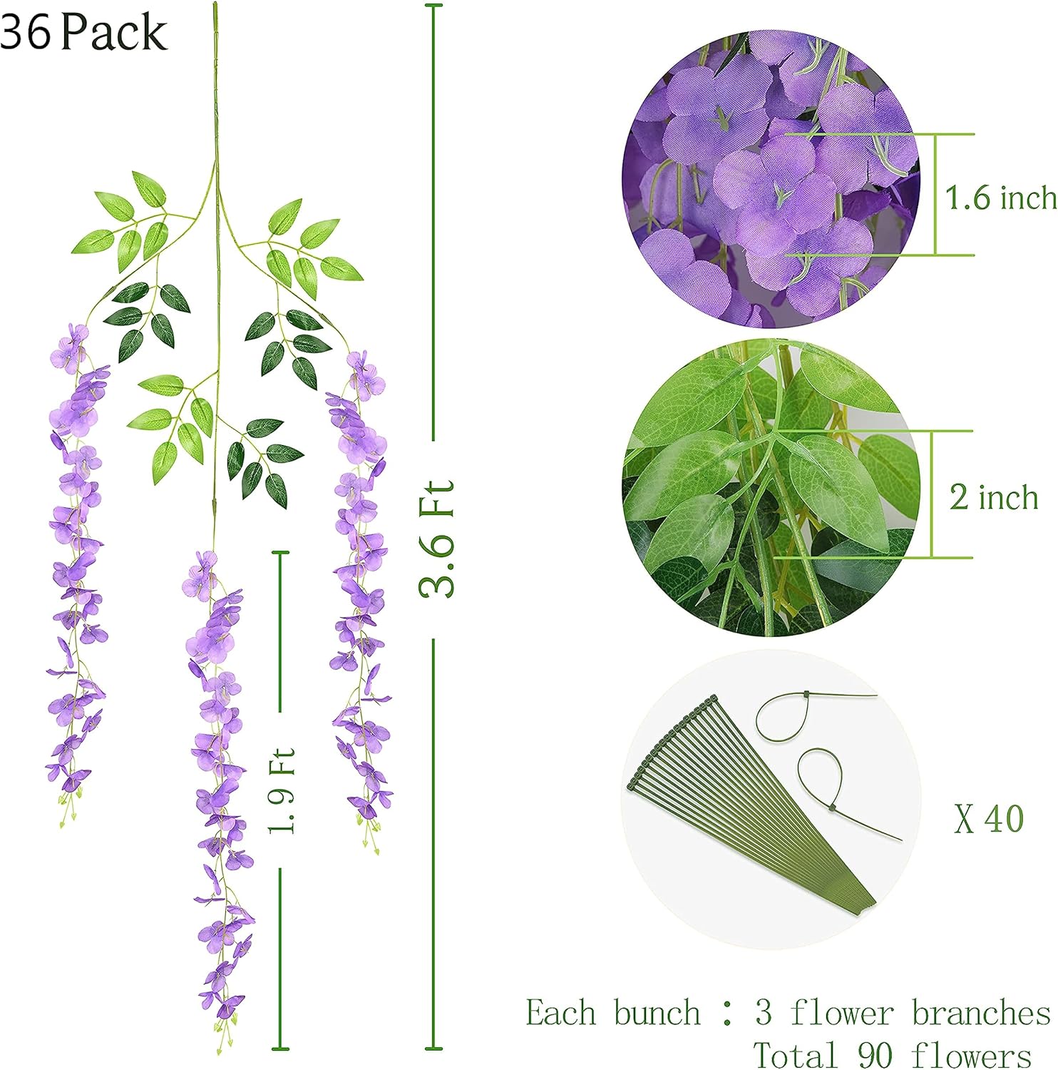 Bloomfinity:  36Pcs White & Purple Fake Wisteria Hanging Flowers, 3.6Ft/Pcs Artificial Wisteria Garland, Hanging Flowers for Wedding Party Home Backdrop Wall Decoration