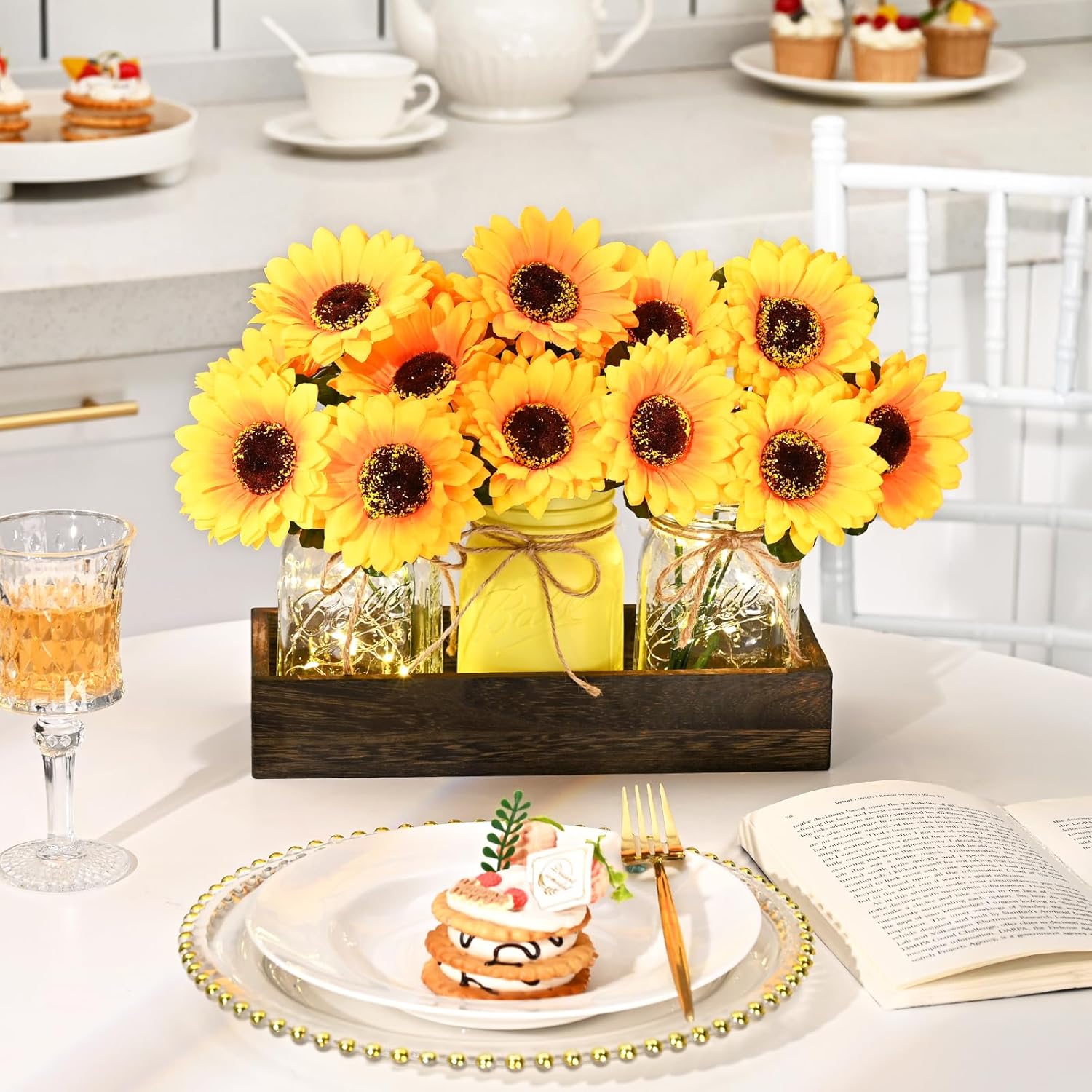 Bloomfinity:  Centerpiece Table Decorations - 3Pcs Roses Artificial Flowers in Mason Jars with Wood Tray for Dining Table Coffee Table Farmhouse Home Decor