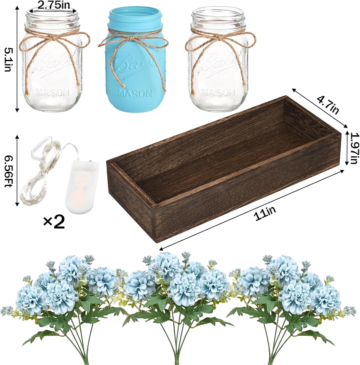 Bloomfinity:  Centerpiece Table Decorations - 3Pcs Roses Artificial Flowers in Mason Jars with Wood Tray for Dining Table Coffee Table Farmhouse Home Decor