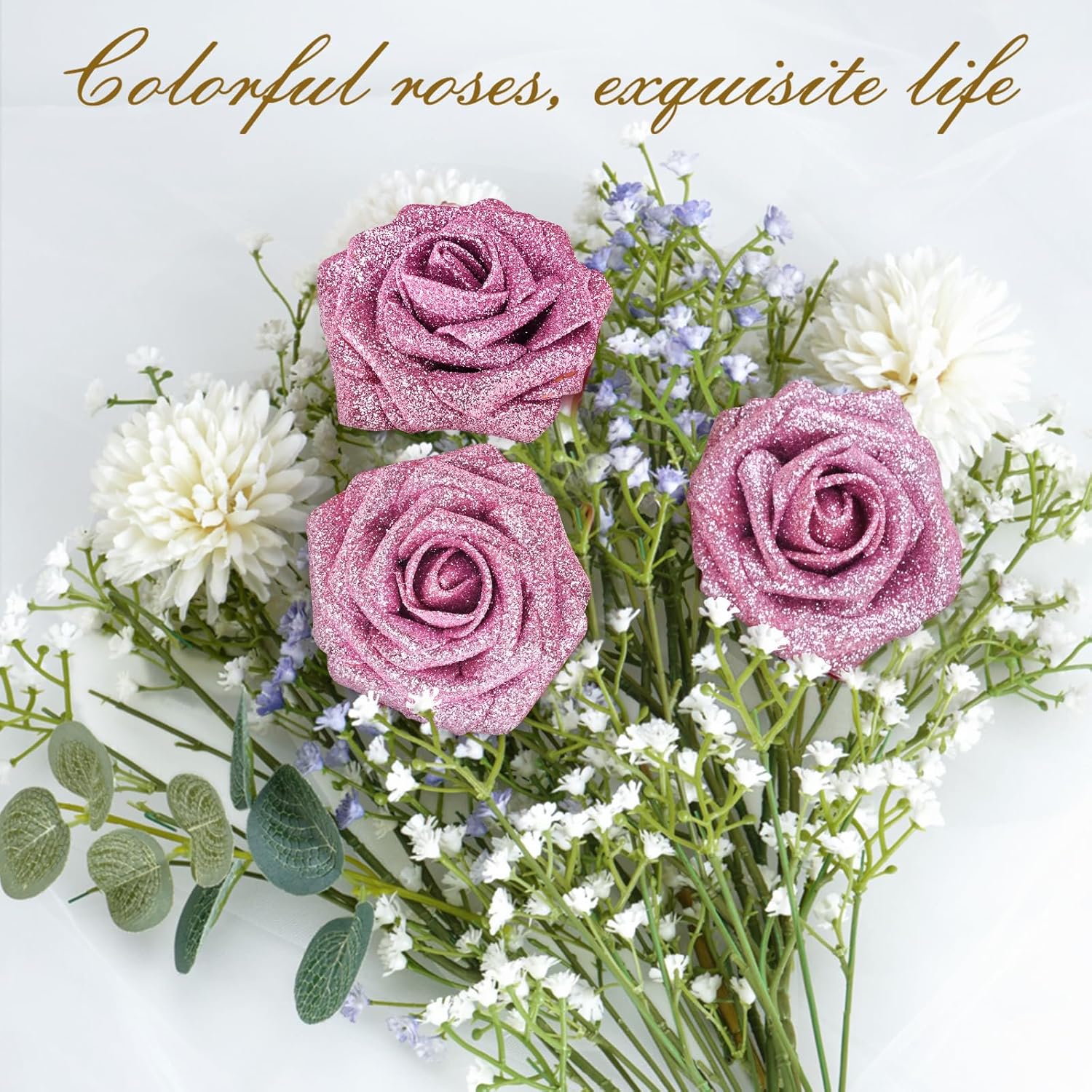 Bloomfinity: 16Pcs Artificial Flowers Fake Roses with Stems, Pink Boxed Foam Roses for DIY Bouquets Centerpieces Wedding Party Arrangement Bridal Shower Decor