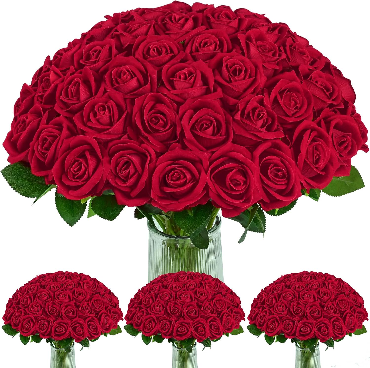 Bloomfinity:  50 Pcs Red Roses Artificial Flowers, Real Touch Velvet Roses Fake Flowers Bulk, Artificial Roses Bouquet with Long Stems Bridal DIY Wedding Party Centerpiece Decorations