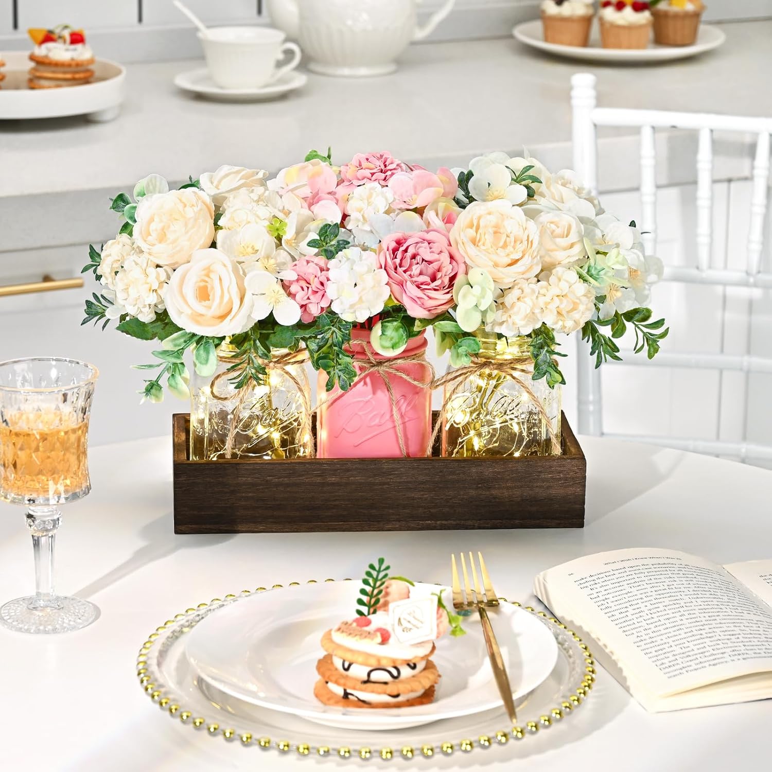 Bloomfinity:  Centerpiece Table Decorations - 3Pcs Roses Artificial Flowers in Mason Jars with Wood Tray for Dining Table Coffee Table Farmhouse Home Decor