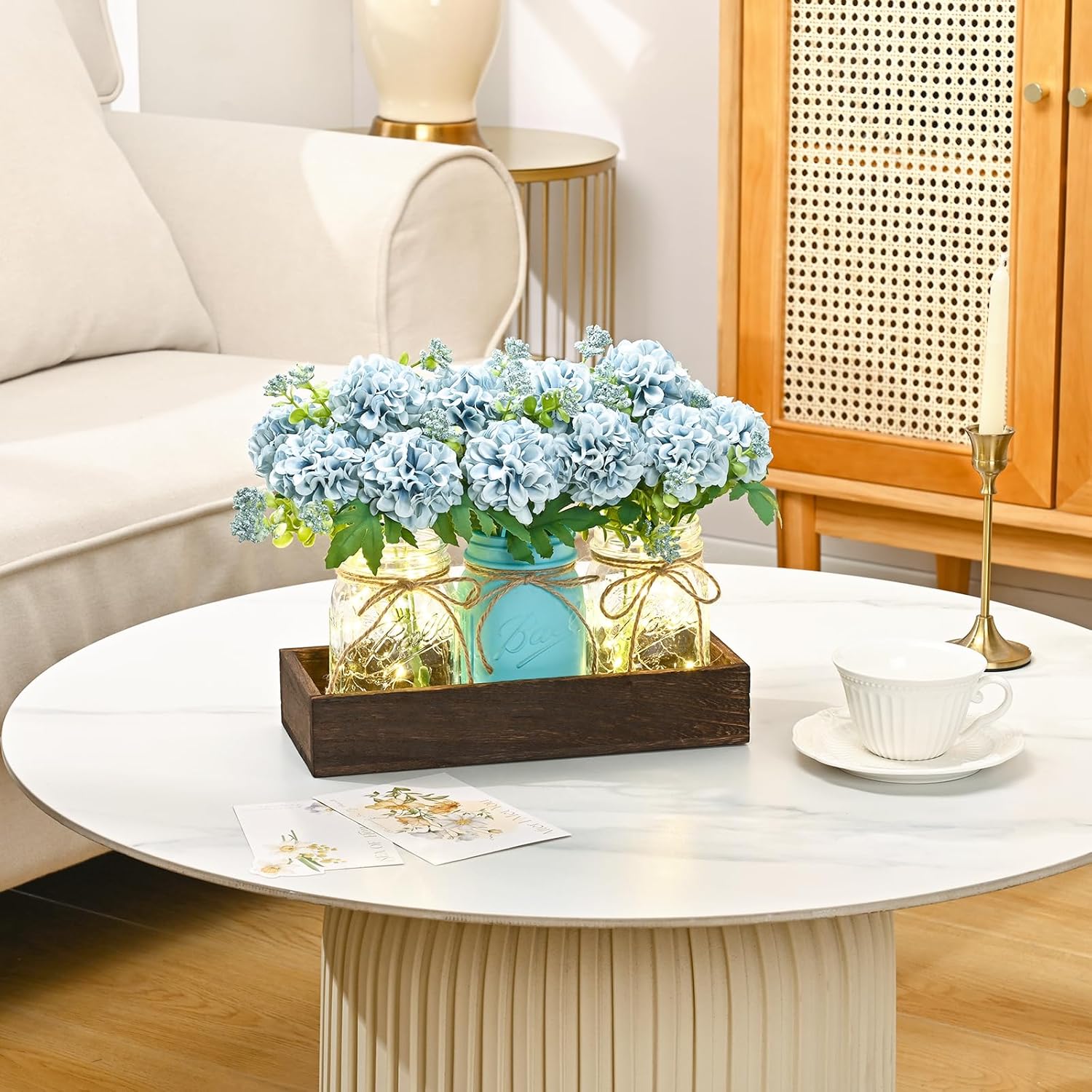 Bloomfinity:  Centerpiece Table Decorations - 3Pcs Roses Artificial Flowers in Mason Jars with Wood Tray for Dining Table Coffee Table Farmhouse Home Decor