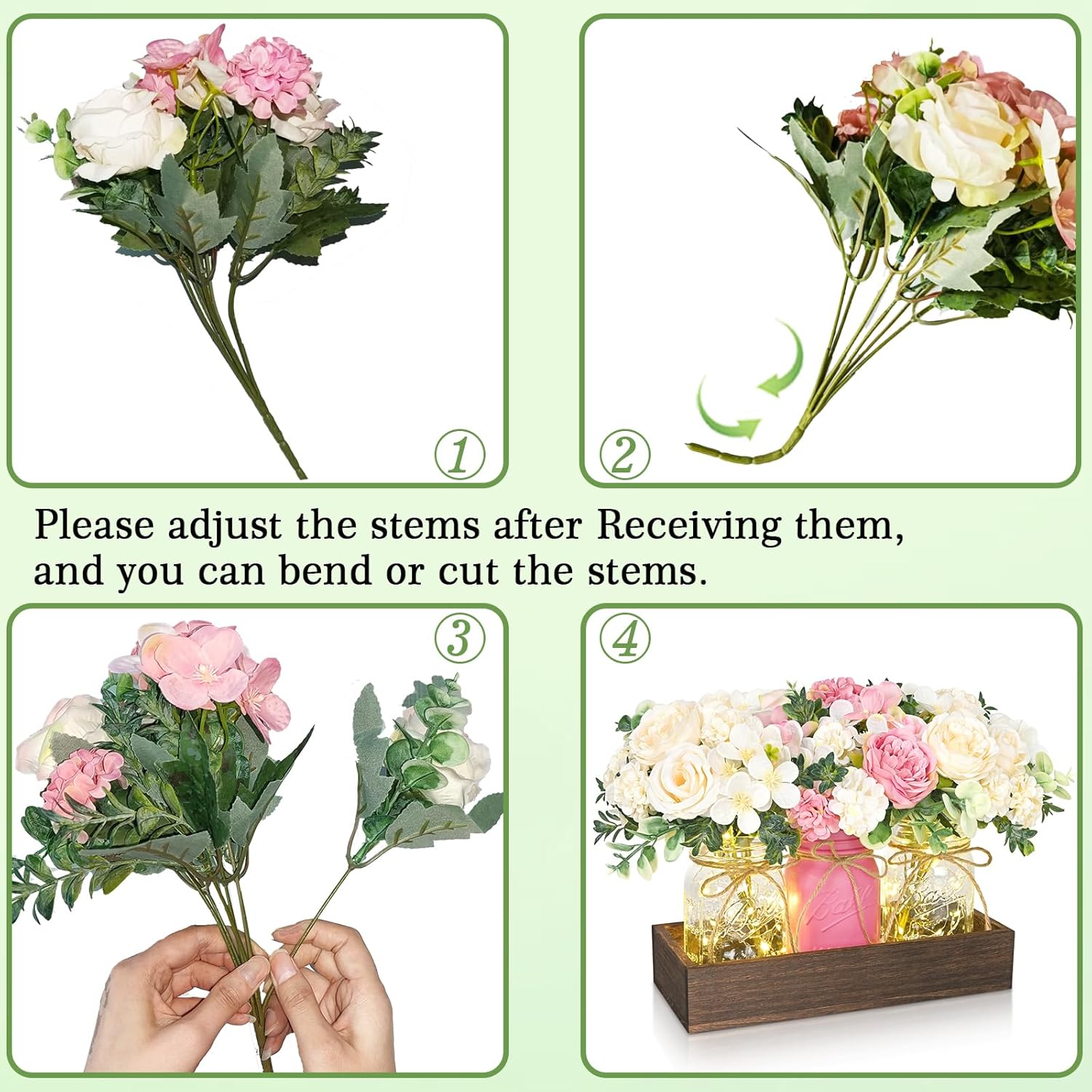 Bloomfinity:  Centerpiece Table Decorations - 3Pcs Roses Artificial Flowers in Mason Jars with Wood Tray for Dining Table Coffee Table Farmhouse Home Decor