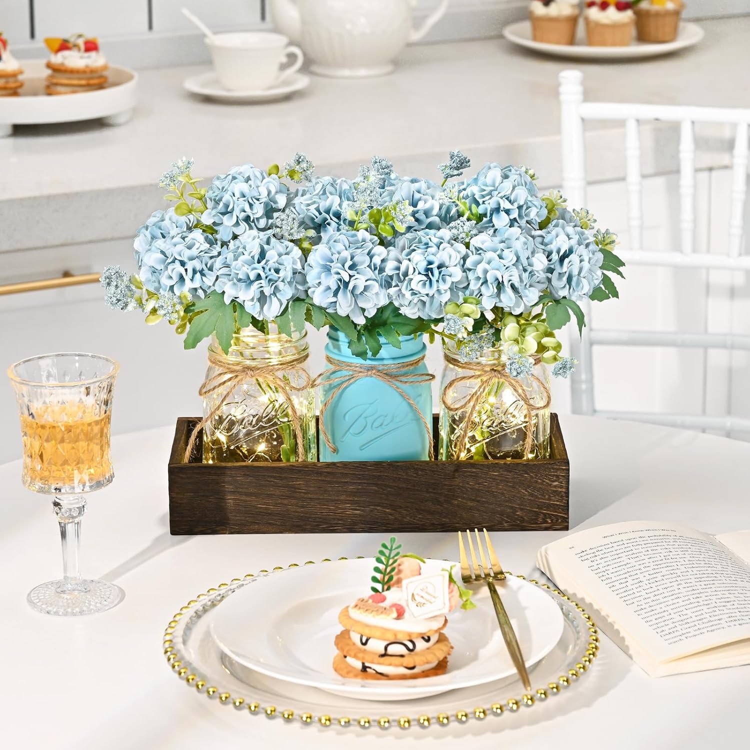 Bloomfinity:  Centerpiece Table Decorations - 3Pcs Roses Artificial Flowers in Mason Jars with Wood Tray for Dining Table Coffee Table Farmhouse Home Decor
