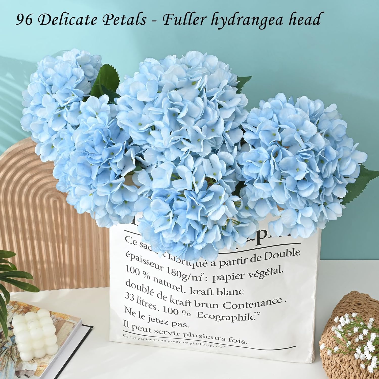 Bloomfinity:  4 Pcs Blue Hydrangea Artificial Flowers with Realistic Stems, 18In Large Fake Blue Flowers, Faux Flower for Home Party Decor Outdoor Wedding Bouquets Table Centerpieces Decoration