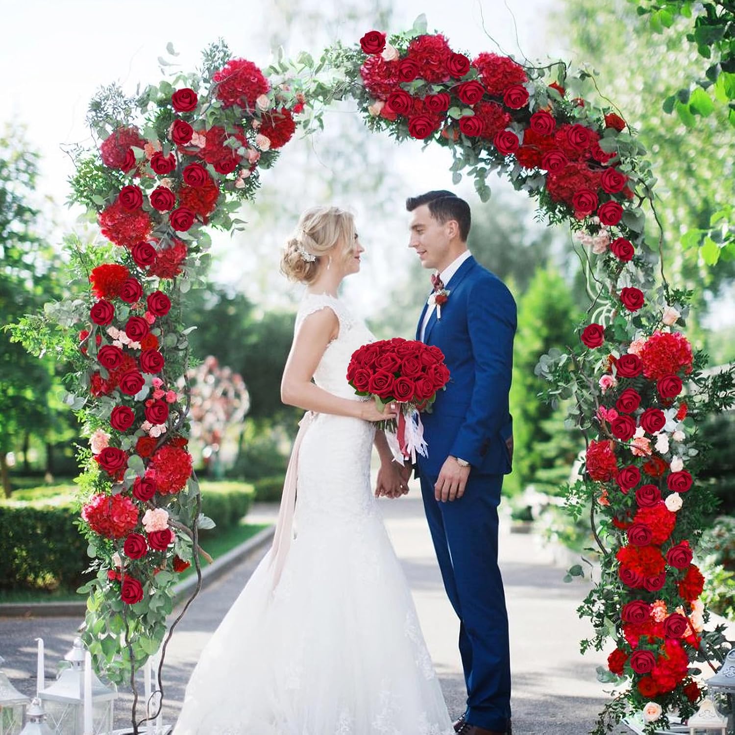 Bloomfinity:  50 Pcs Red Roses Artificial Flowers, Real Touch Velvet Roses Fake Flowers Bulk, Artificial Roses Bouquet with Long Stems Bridal DIY Wedding Party Centerpiece Decorations