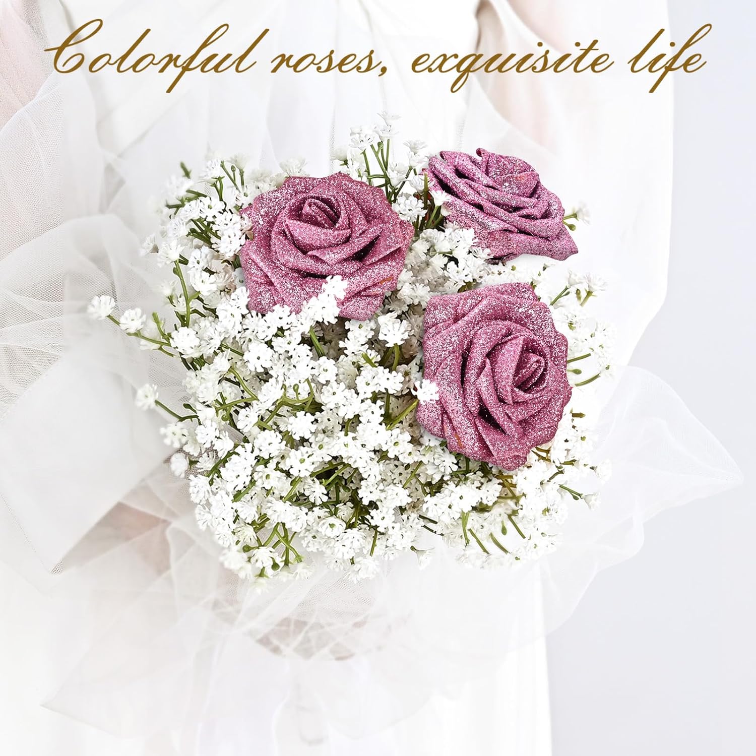Bloomfinity: 16Pcs Artificial Flowers Fake Roses with Stems, Pink Boxed Foam Roses for DIY Bouquets Centerpieces Wedding Party Arrangement Bridal Shower Decor